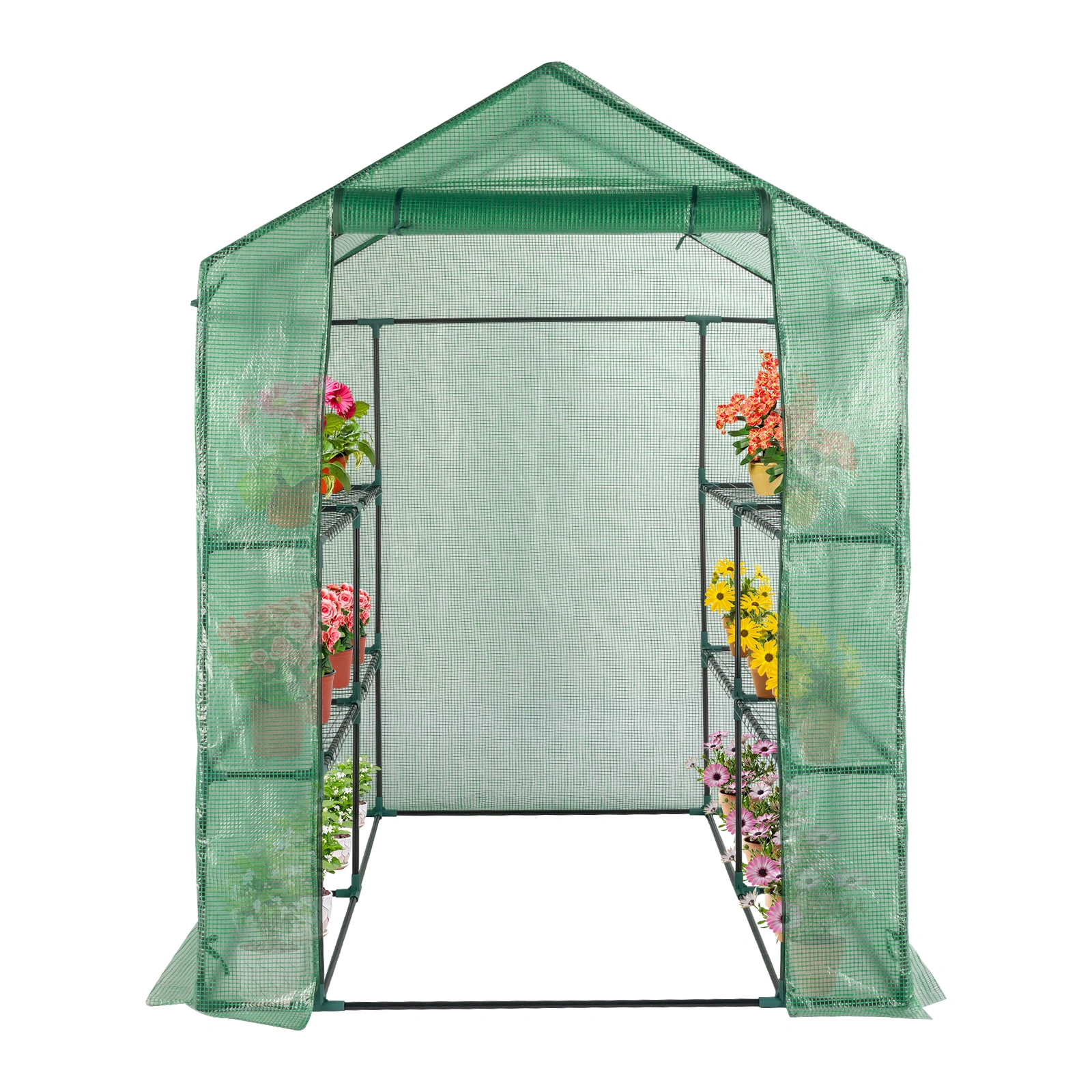 143x143x195cm Black Iron Pipe Steeple With 8 Pieces Grid Flower Stand With Zipper Rolling Door PE Cloth Greenhouse view 5