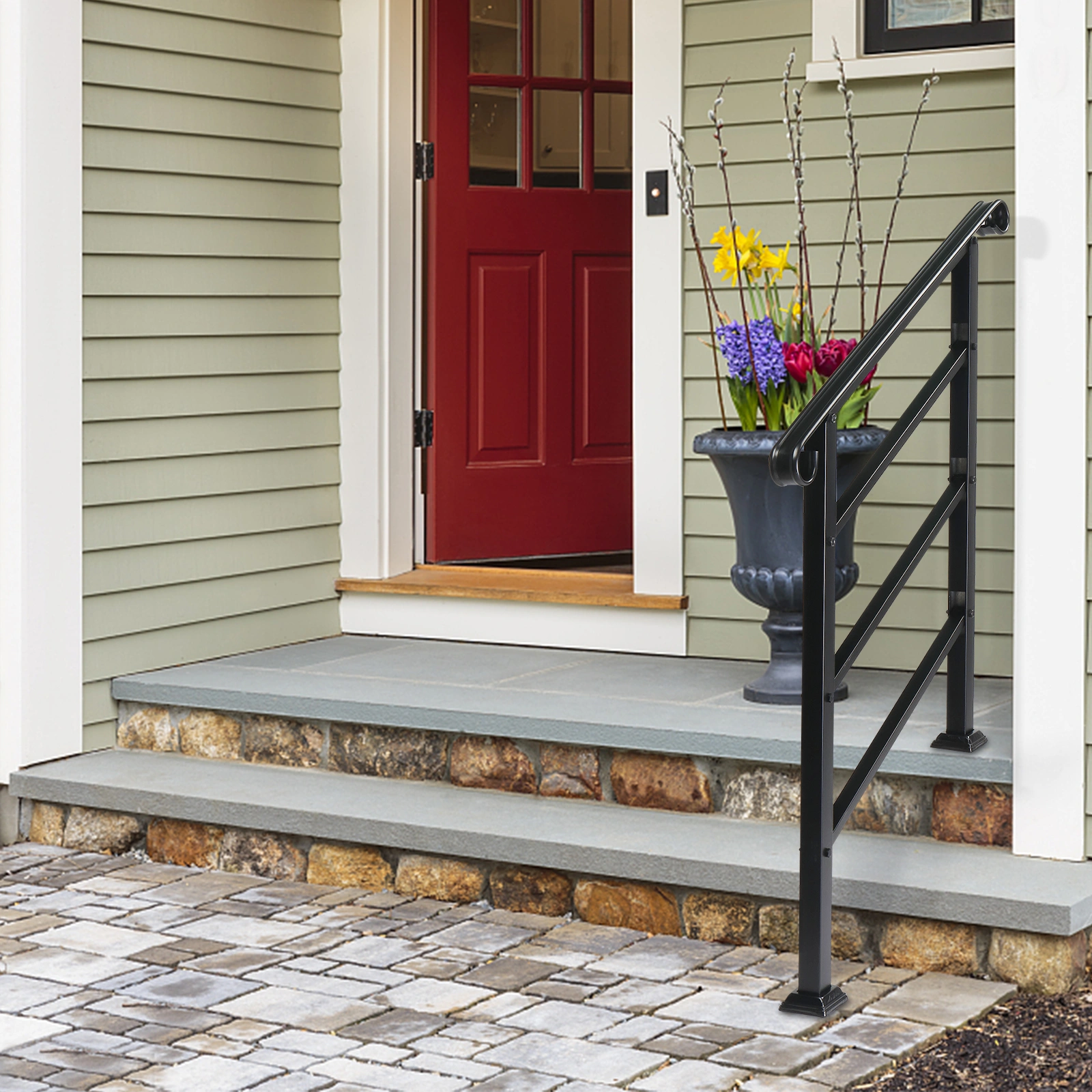 Handrails for Outdoor Steps, Wrought Iron Handrail Fits 1 or 3 Steps, Transitional Handrail with Installation Kit, Black view 3