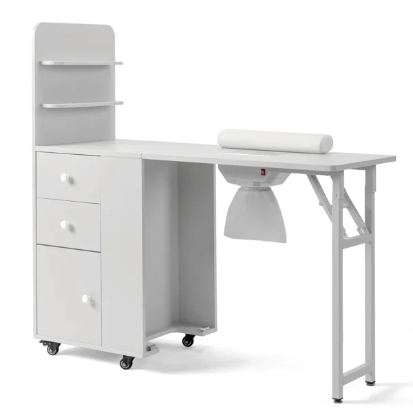 White MDF Folding Nail Desk with 2 Drawers, Cabinet Door & Storage Shelf view 2