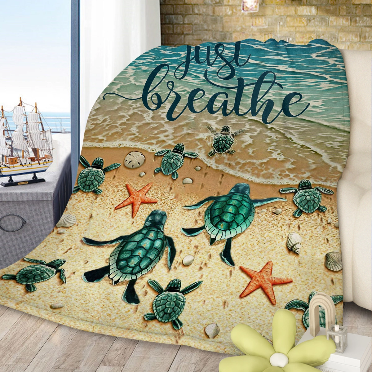 Baby Sea Turtle Fleece Blanket 3D Ocean Waves Plush Flannel Throw Soft Cozy Bed Sofa Couch Chair Car Blanket 130x150cm