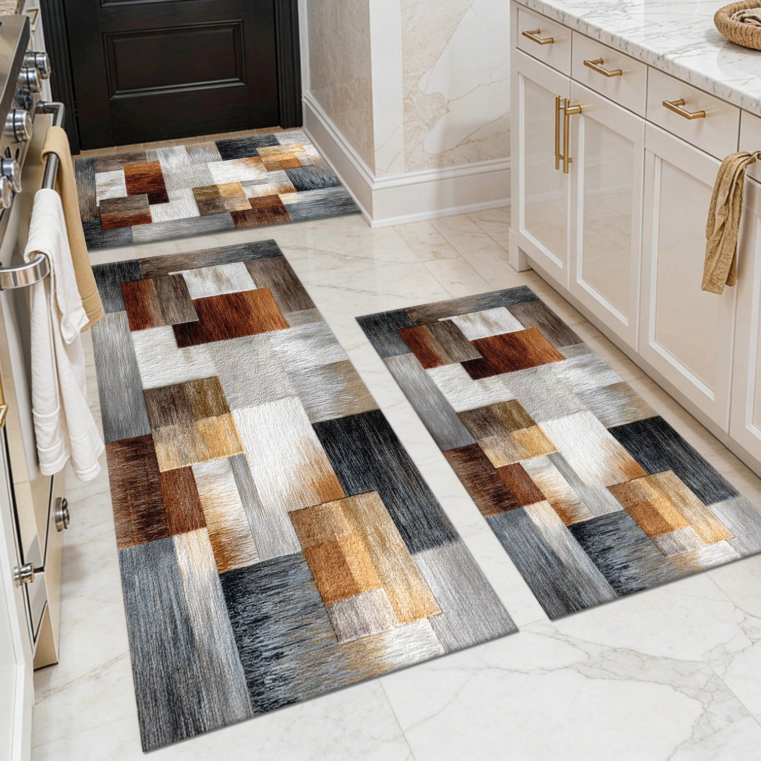 Three-piece kitchen rug set, non-slip and washable, abstract pattern kitchen hallway rug, soft and comfortable, suitable for sinks, floors, entrances, hallways and bathrooms.
