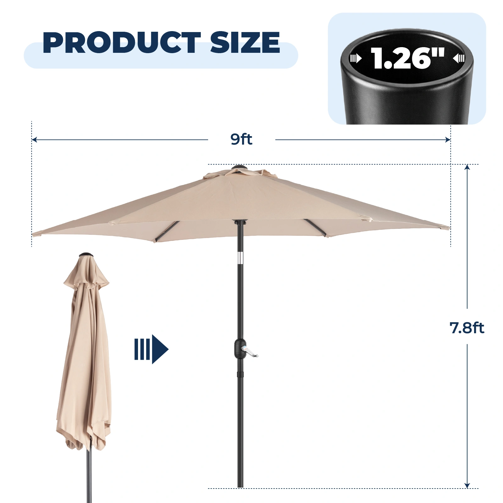 9ft Patio Umbrella, Outdoor Market Umbrella with Push Button Tilt, Crank Handle, 6 Sturdy Iron Ribs, UPF 50+ Waterproof Solution-Dyed Polyester Canopy, for Garden, Deck, Backyard, Poolside, Beige view 15