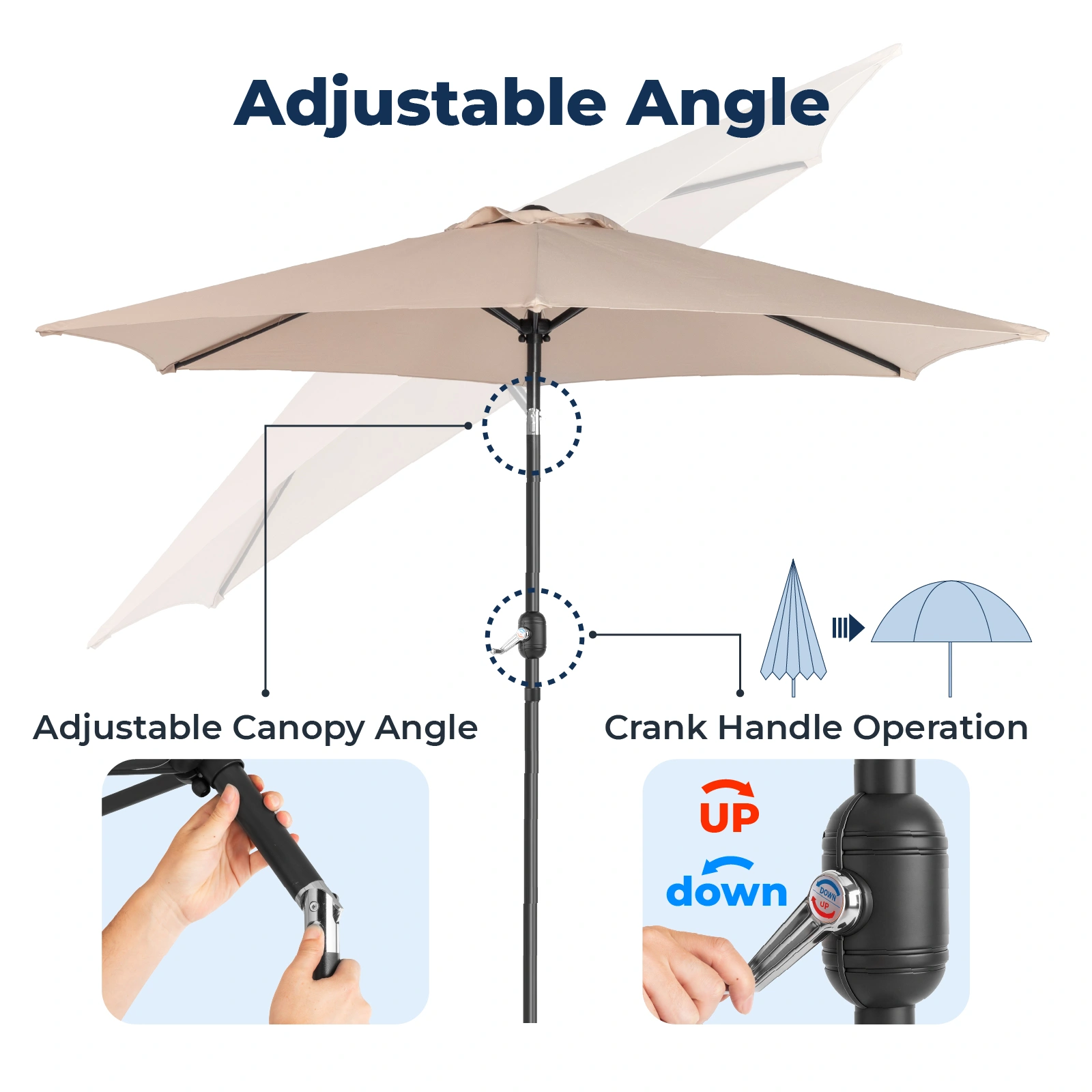 9ft Patio Umbrella, Outdoor Market Umbrella with Push Button Tilt, Crank Handle, 6 Sturdy Iron Ribs, UPF 50+ Waterproof Solution-Dyed Polyester Canopy, for Garden, Deck, Backyard, Poolside, Beige view 16