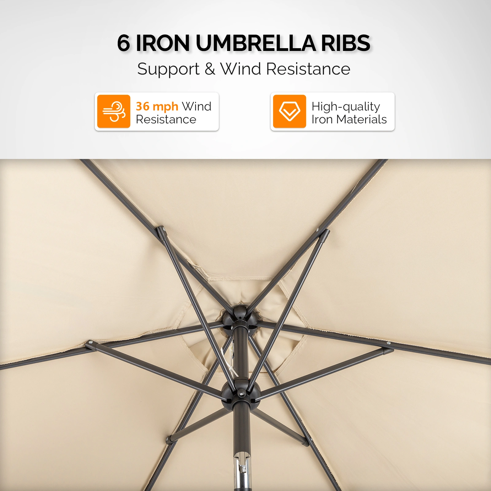 9ft Patio Umbrella, Outdoor Market Umbrella with Push Button Tilt, Crank Handle, 6 Sturdy Iron Ribs, UPF 50+ Waterproof Solution-Dyed Polyester Canopy, for Garden, Deck, Backyard, Poolside, Beige view 19