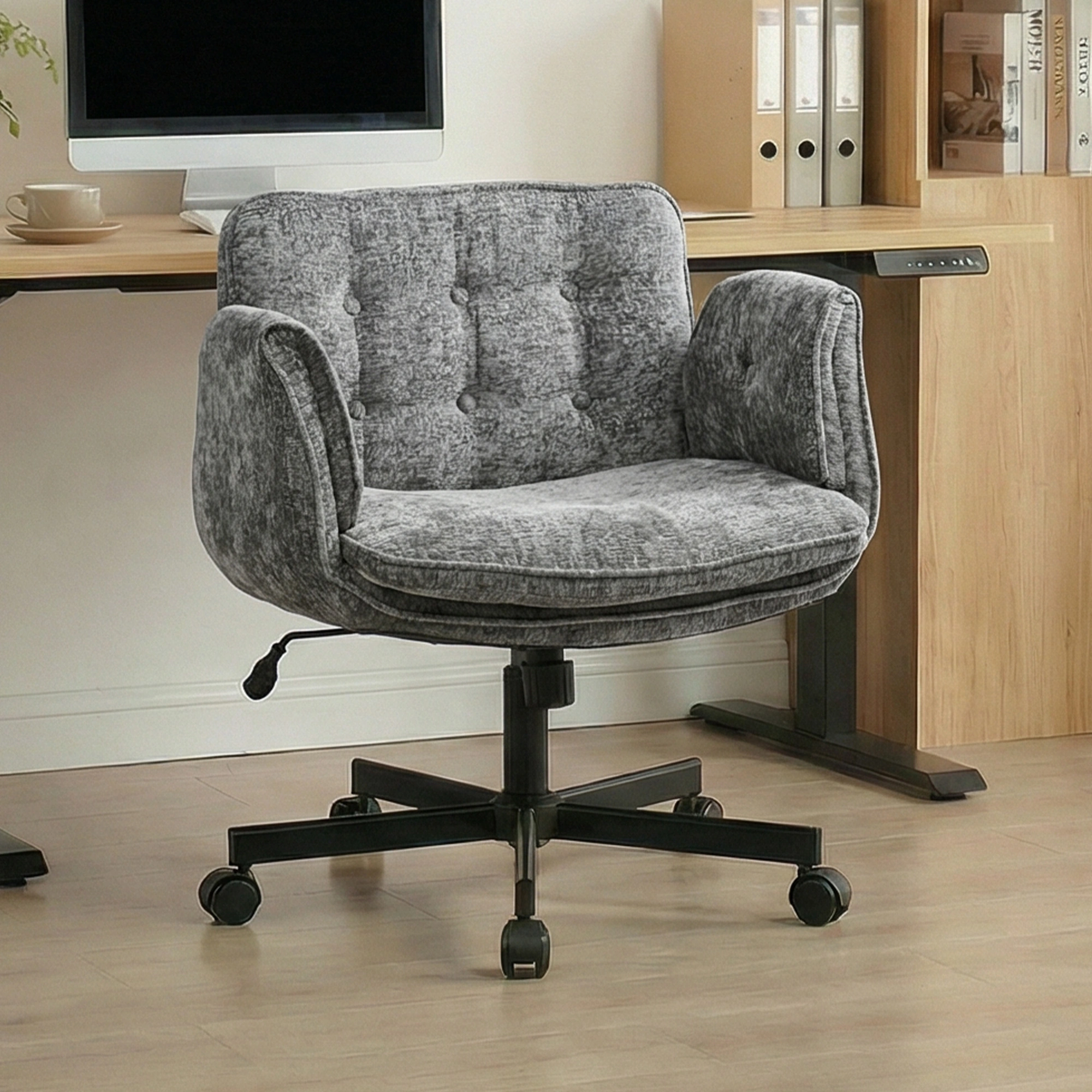 Height Adjustable Swivel Office Chair with Foldable Armrests & Casters, Dark Grey Home Desk Chair