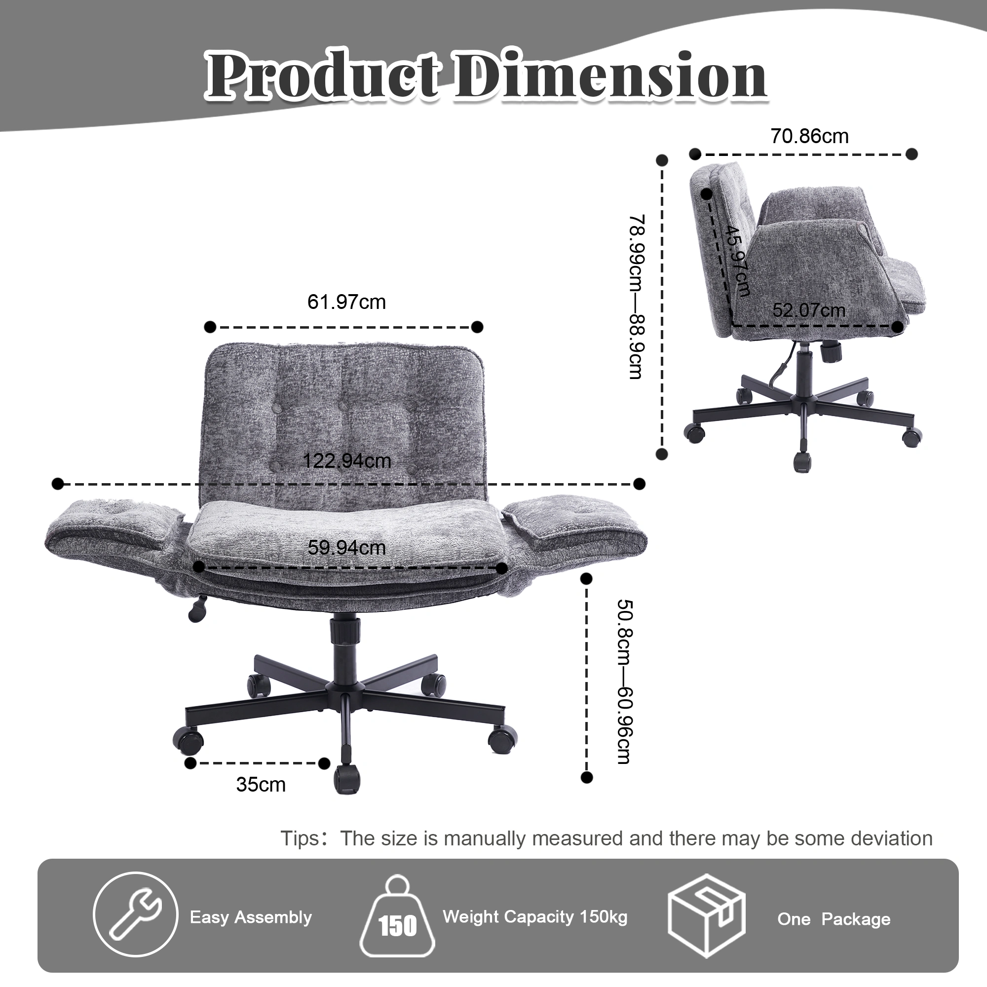 Height Adjustable Swivel Office Chair with Foldable Armrests & Casters, Dark Grey Home Desk Chair view 3