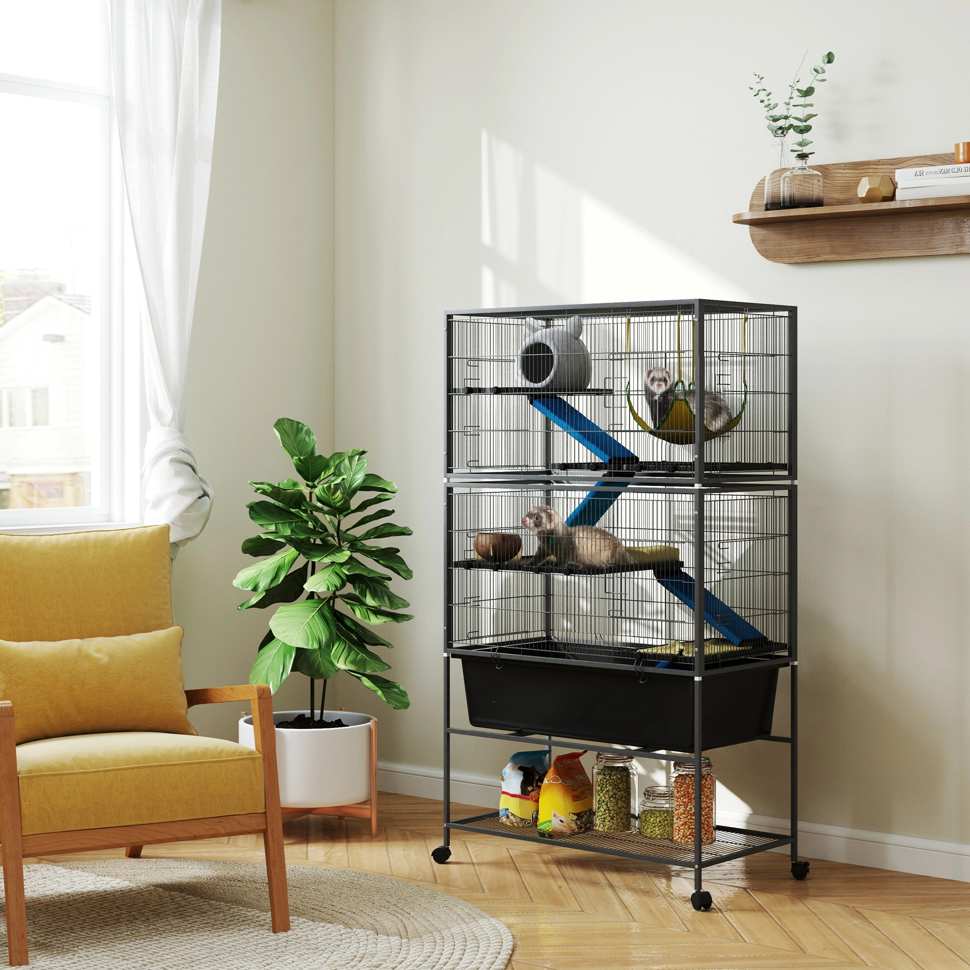 Chinchilla Small Animal Cage with Wire Construction, Multi-Level Habitat for Guinea Pigs Rats
