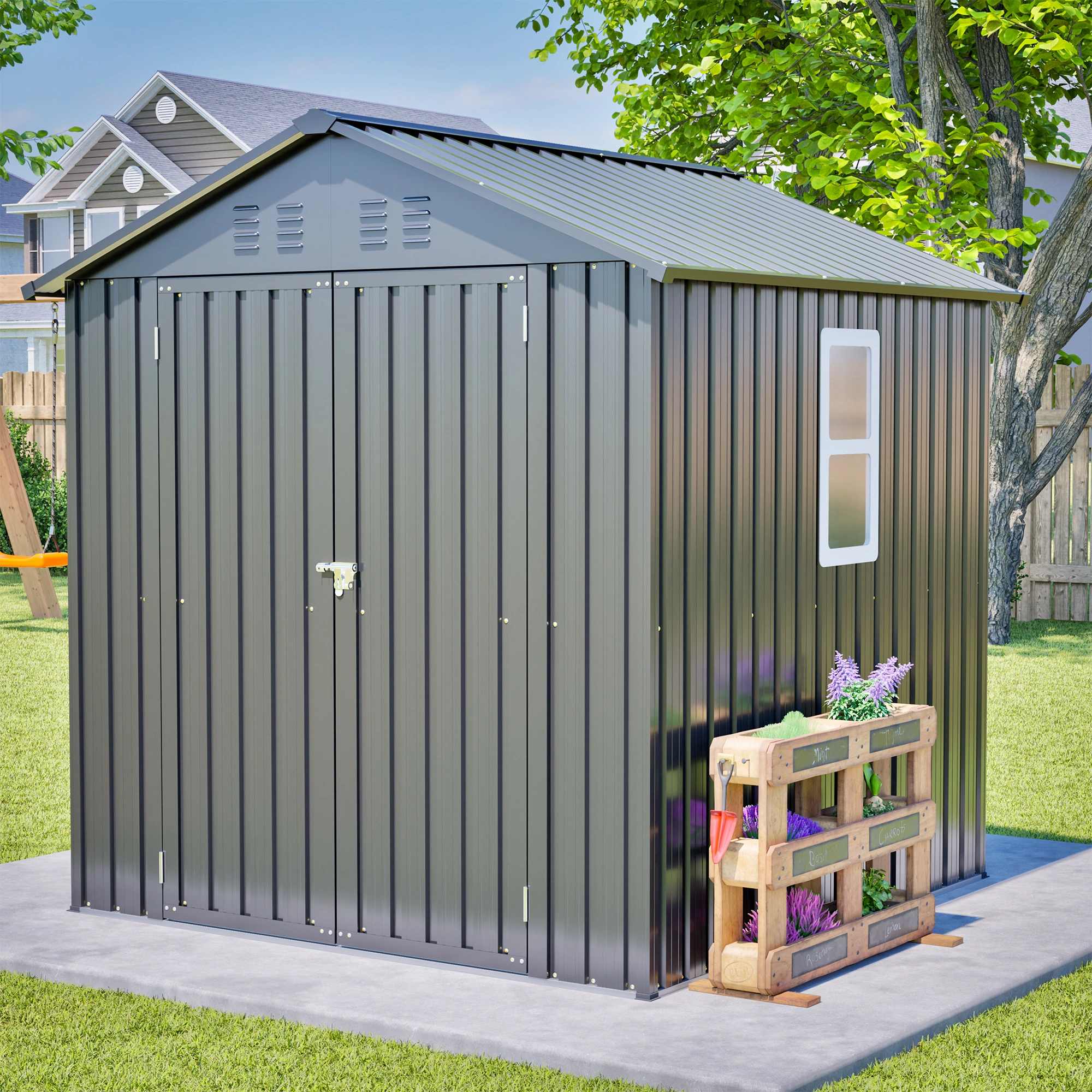 6'x6' Steel Storage Shed with Window & Vents, Heavy Duty Outdoor Garden Tool Shed, Floor Frame & Safety Lock, Weather Resistant, Black