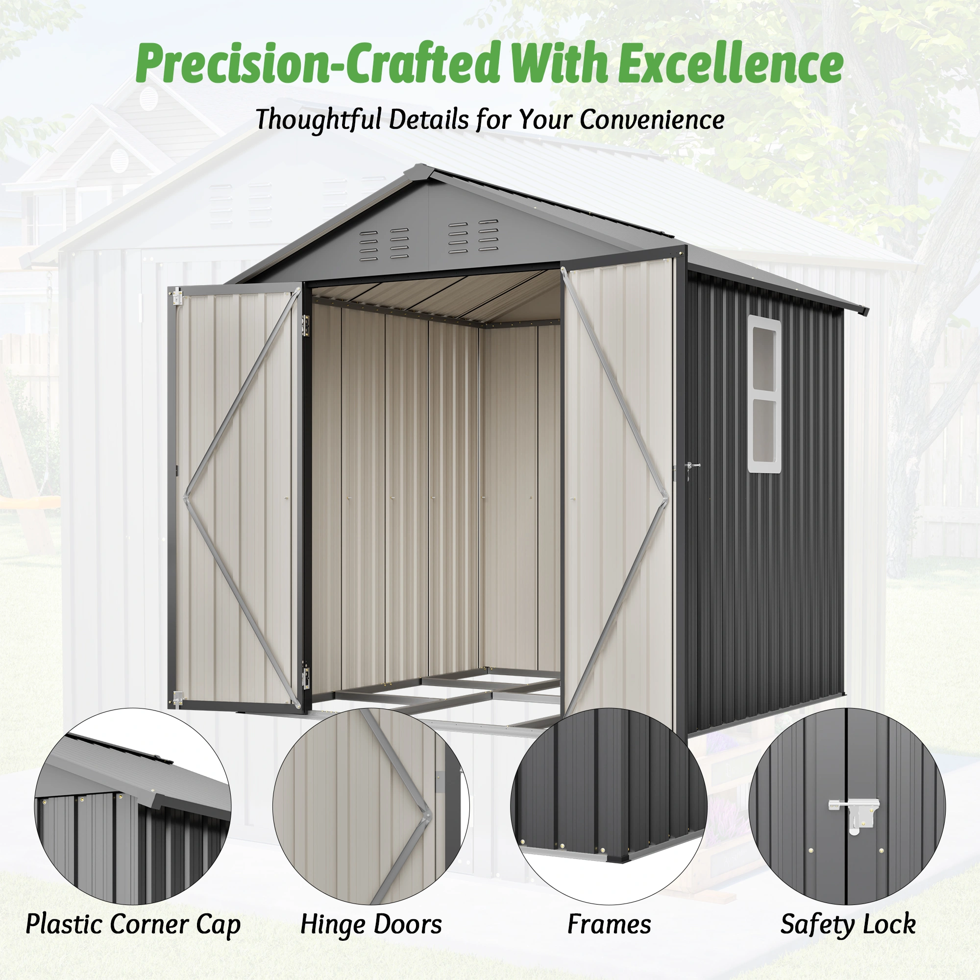 6'x6' Steel Storage Shed with Window & Vents, Heavy Duty Outdoor Garden Tool Shed, Floor Frame & Safety Lock, Weather Resistant, Black view 4