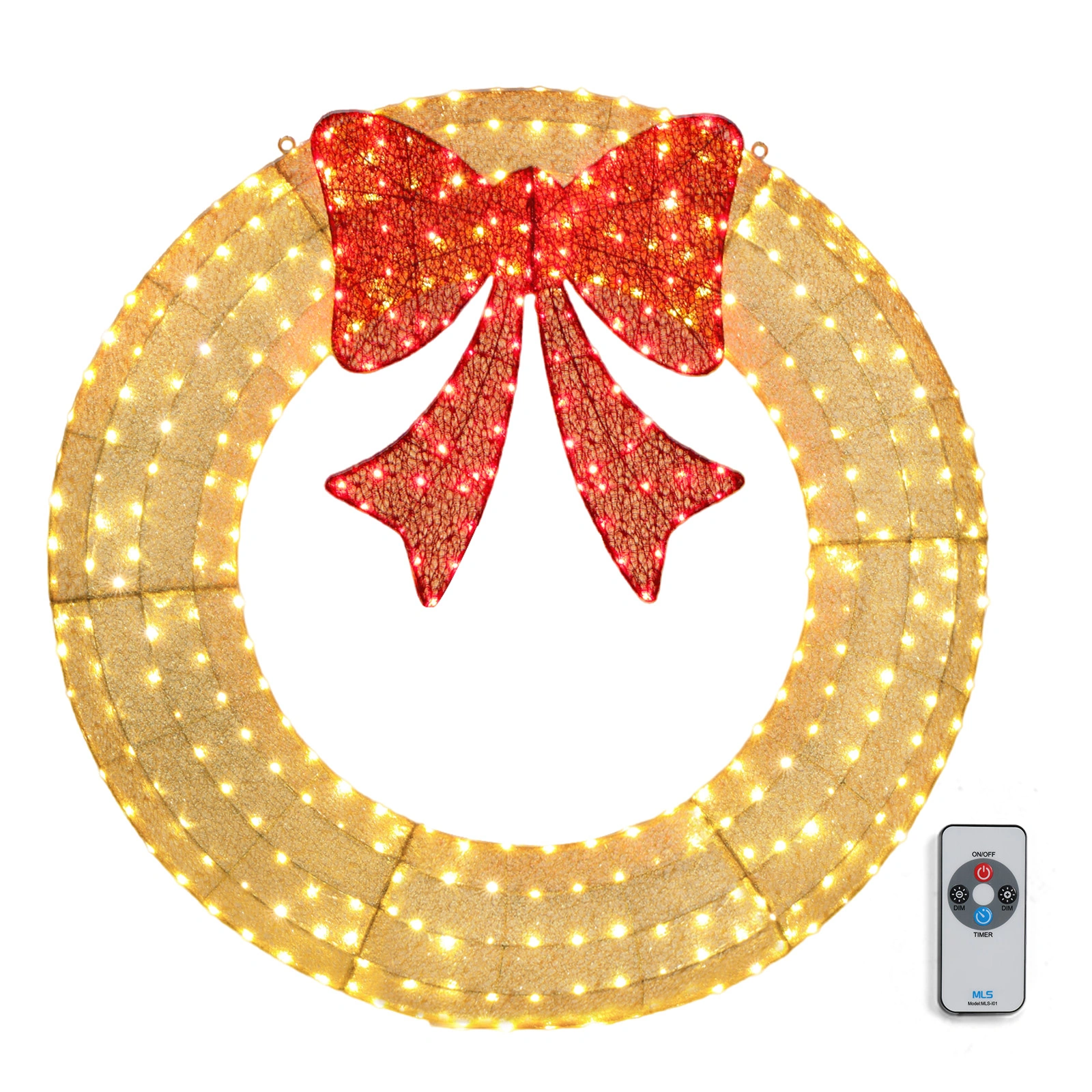 48 Inch Pre-Lit Christmas Wreath for Outdoor, 315 LED Metal Holiday Wreath Decor with Bow, Gold & Red, Garden Exterior