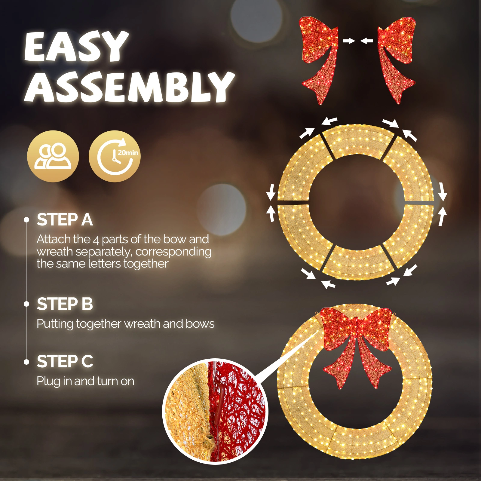 48 Inch Pre-Lit Christmas Wreath for Outdoor, 315 LED Metal Holiday Wreath Decor with Bow, Gold & Red, Garden Exterior view 2