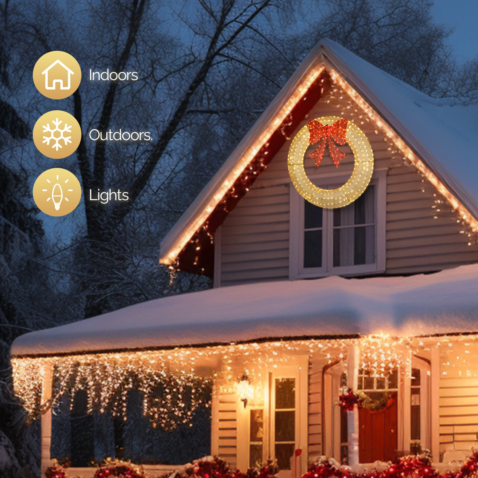 48 Inch Pre-Lit Christmas Wreath for Outdoor, 315 LED Metal Holiday Wreath Decor with Bow, Gold & Red, Garden Exterior view 7