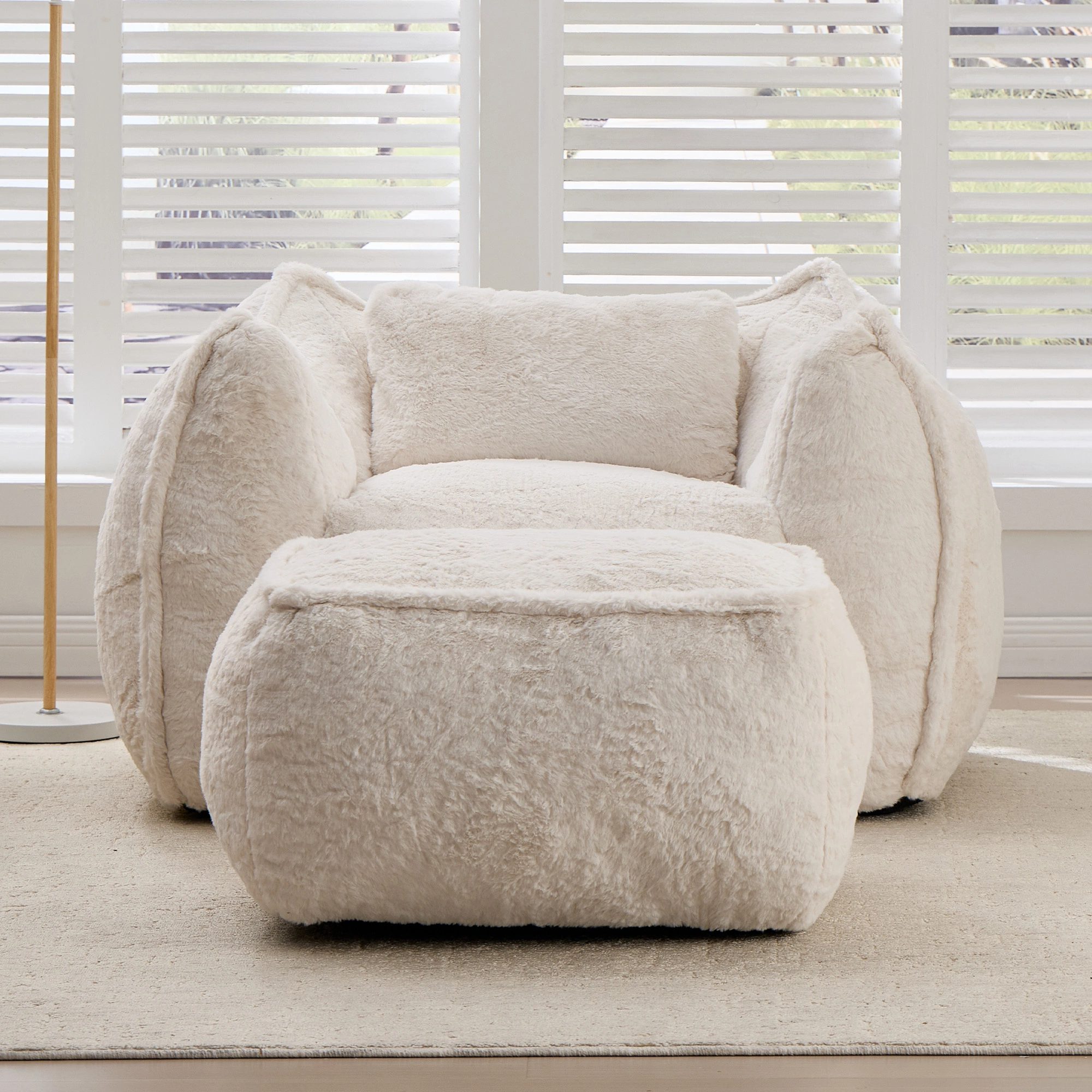 Giant Bean Bag Chair for Adults &Kids Faux Fur Bean Bag Sofa Chairs with Pillow &Ottoman, Comfy Reading & Gaming Beanbag Couch for Bedroom Living Room, Beige view 2