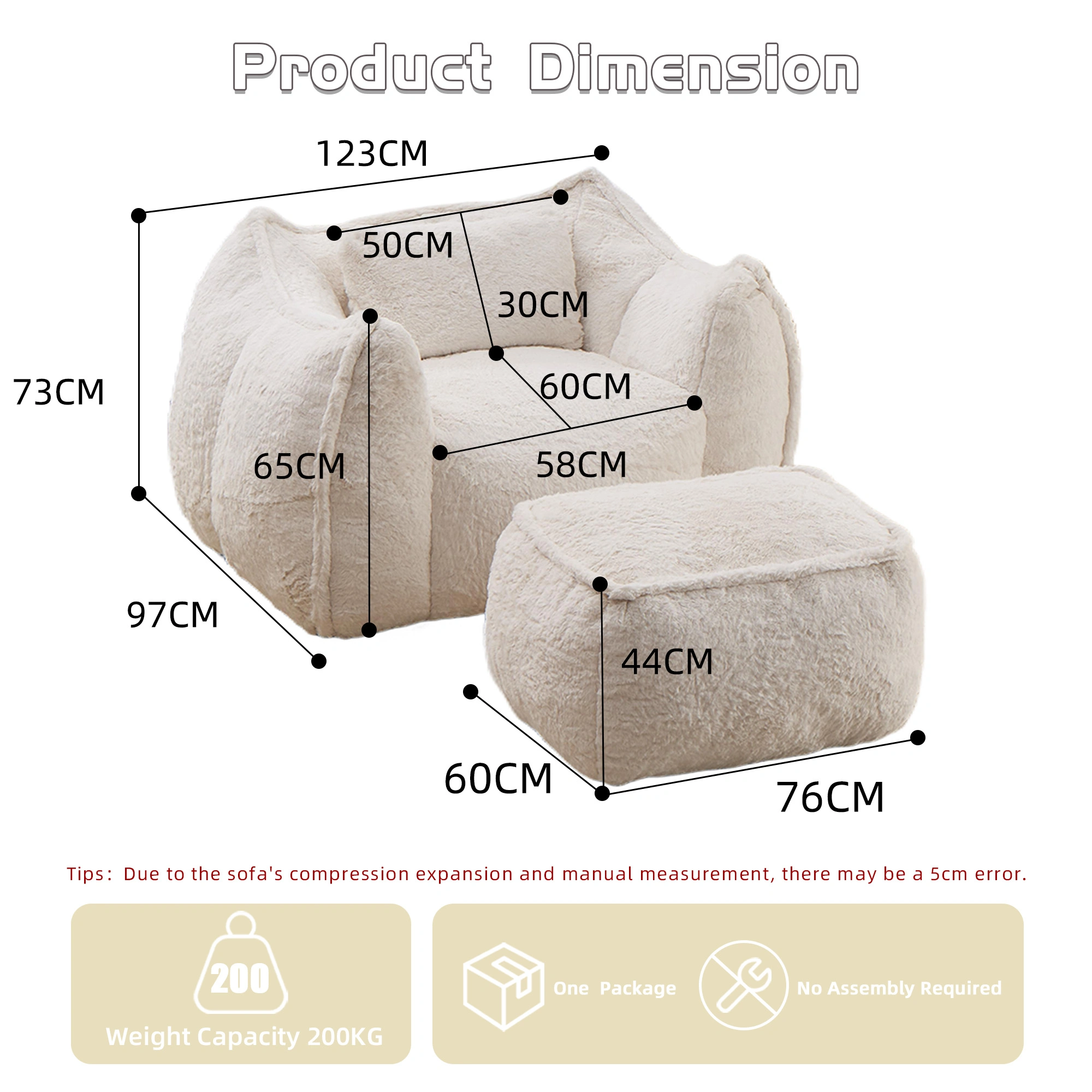 Giant Bean Bag Chair for Adults &Kids Faux Fur Bean Bag Sofa Chairs with Pillow &Ottoman, Comfy Reading & Gaming Beanbag Couch for Bedroom Living Room, Beige view 3