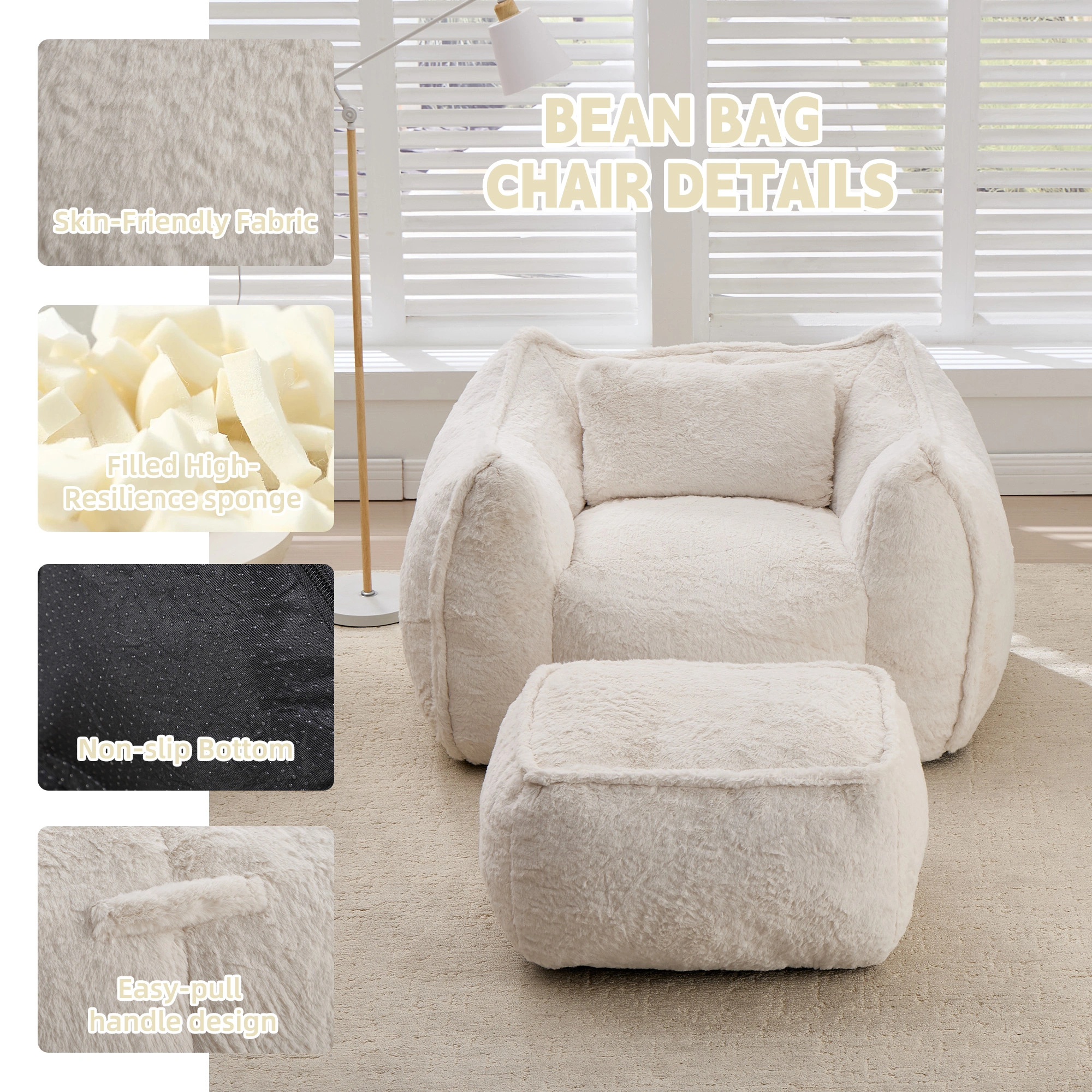 Giant Bean Bag Chair for Adults &Kids Faux Fur Bean Bag Sofa Chairs with Pillow &Ottoman, Comfy Reading & Gaming Beanbag Couch for Bedroom Living Room, Beige view 4