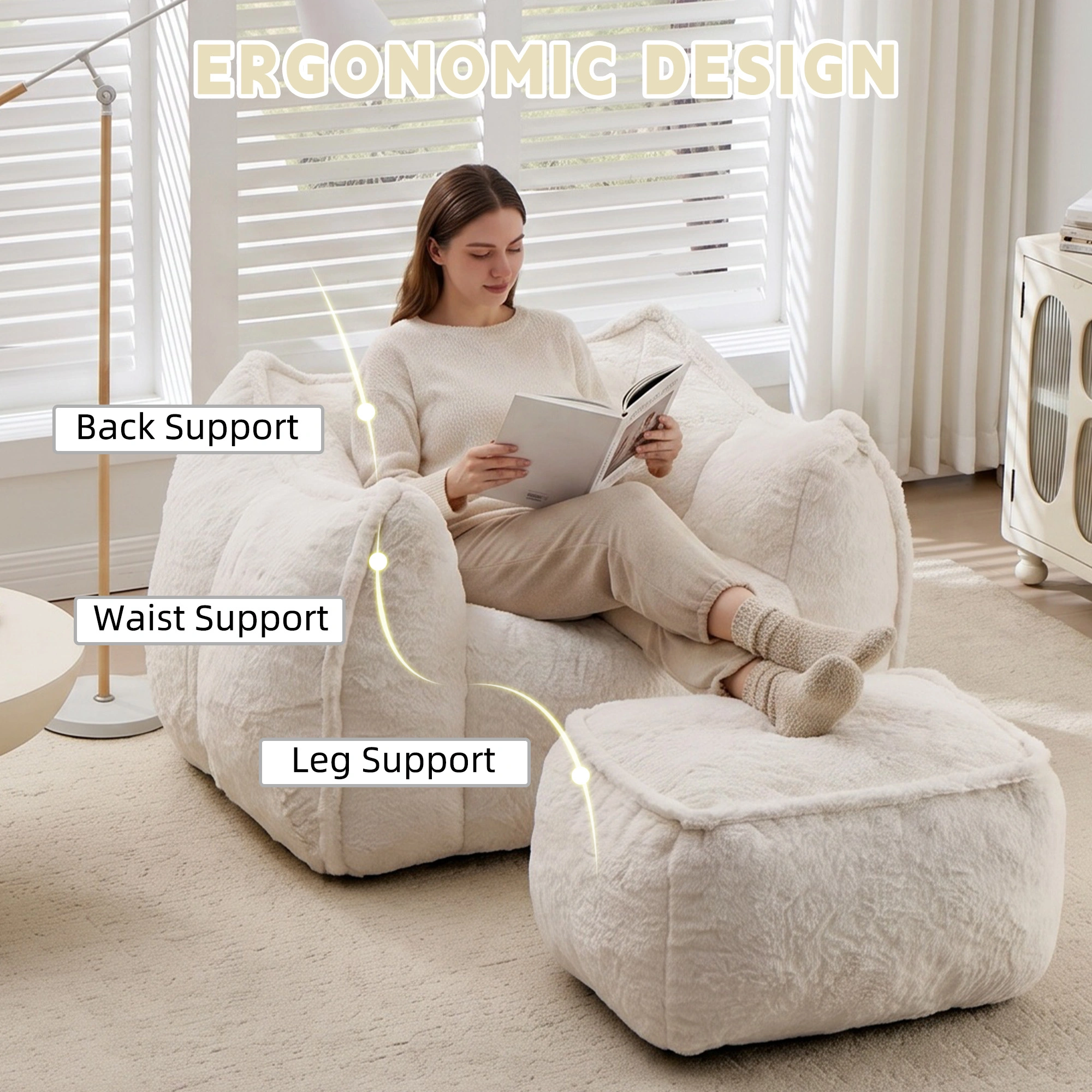 Giant Bean Bag Chair for Adults &Kids Faux Fur Bean Bag Sofa Chairs with Pillow &Ottoman, Comfy Reading & Gaming Beanbag Couch for Bedroom Living Room, Beige view 5