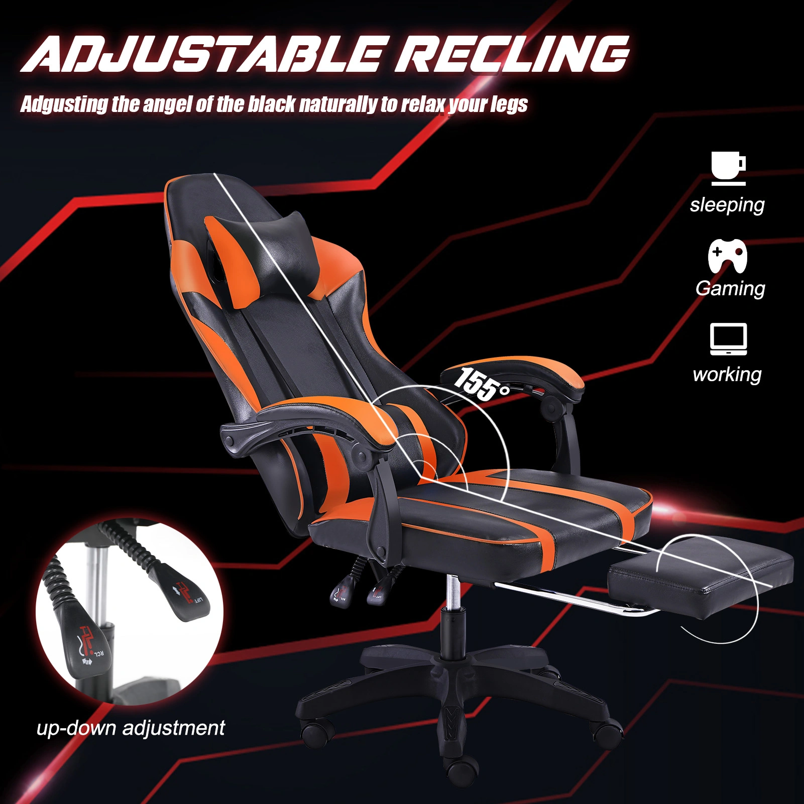 Ergonomic Gaming Chair with Footrest - High Back Recliner Computer Desk Chair for Heavy Adults, Adjustable Lumbar, 360 Swivel, PU Leather, Orange view 3