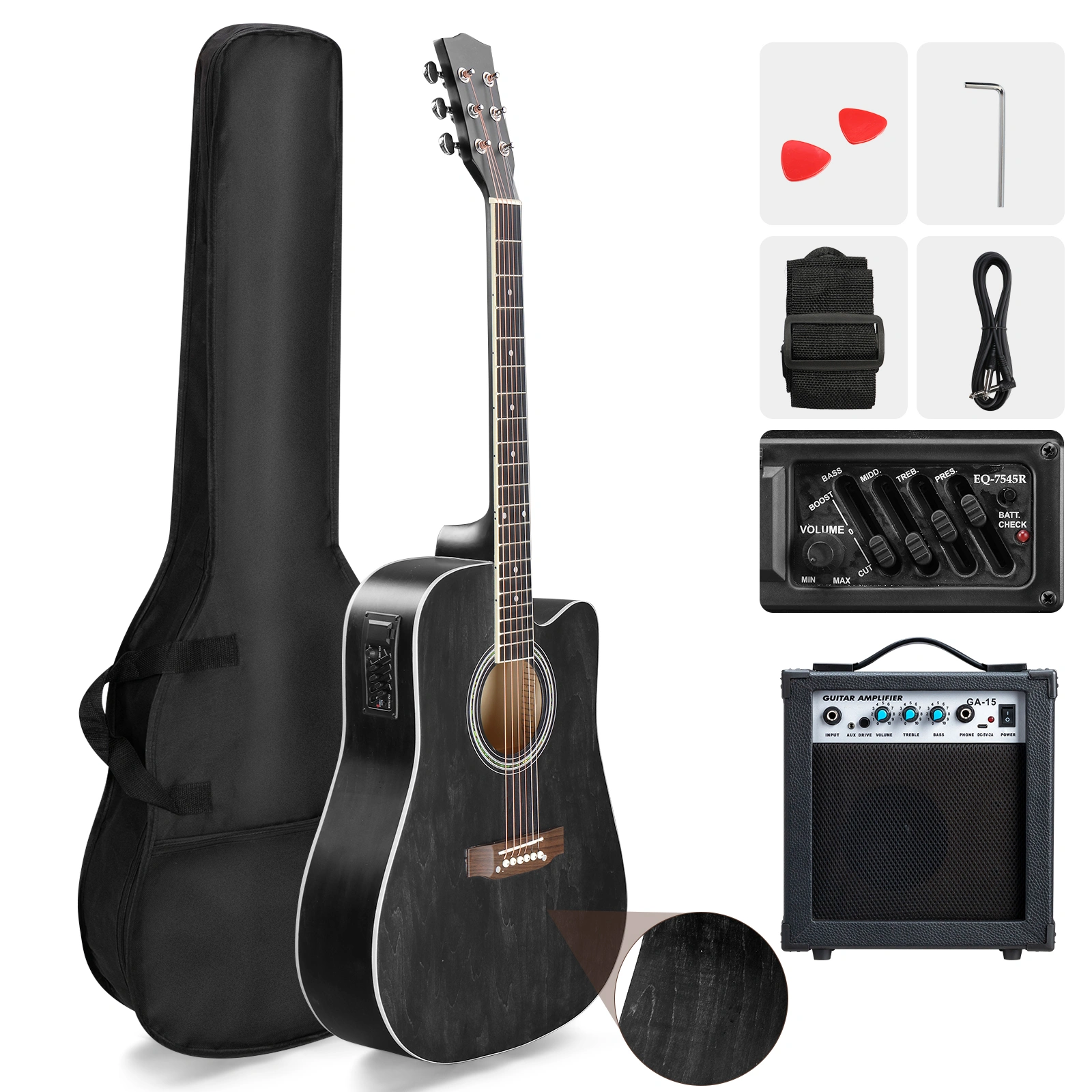 KMA101 41" Folk Guitar, Basswood Body Matte Edging, Black Finish, includes 10W Amp, Bag, Tuner & Accessories