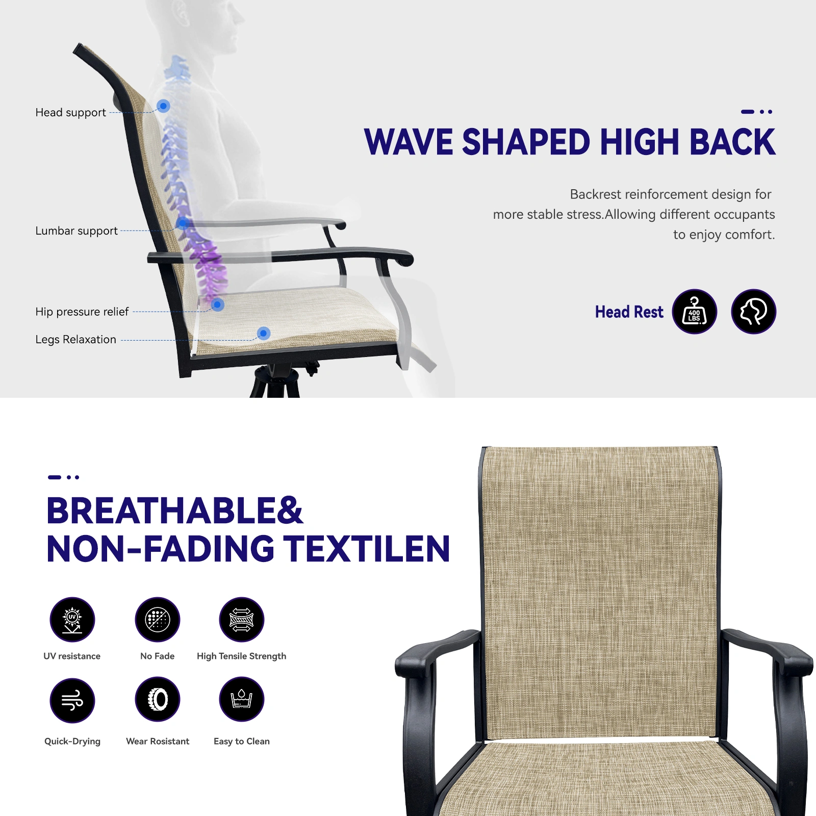 Set of 2 Swivel Dining Chairs Outdoor Patio Lawn Chairs Breathable Textilene Front Porch Backyard Deck view 2