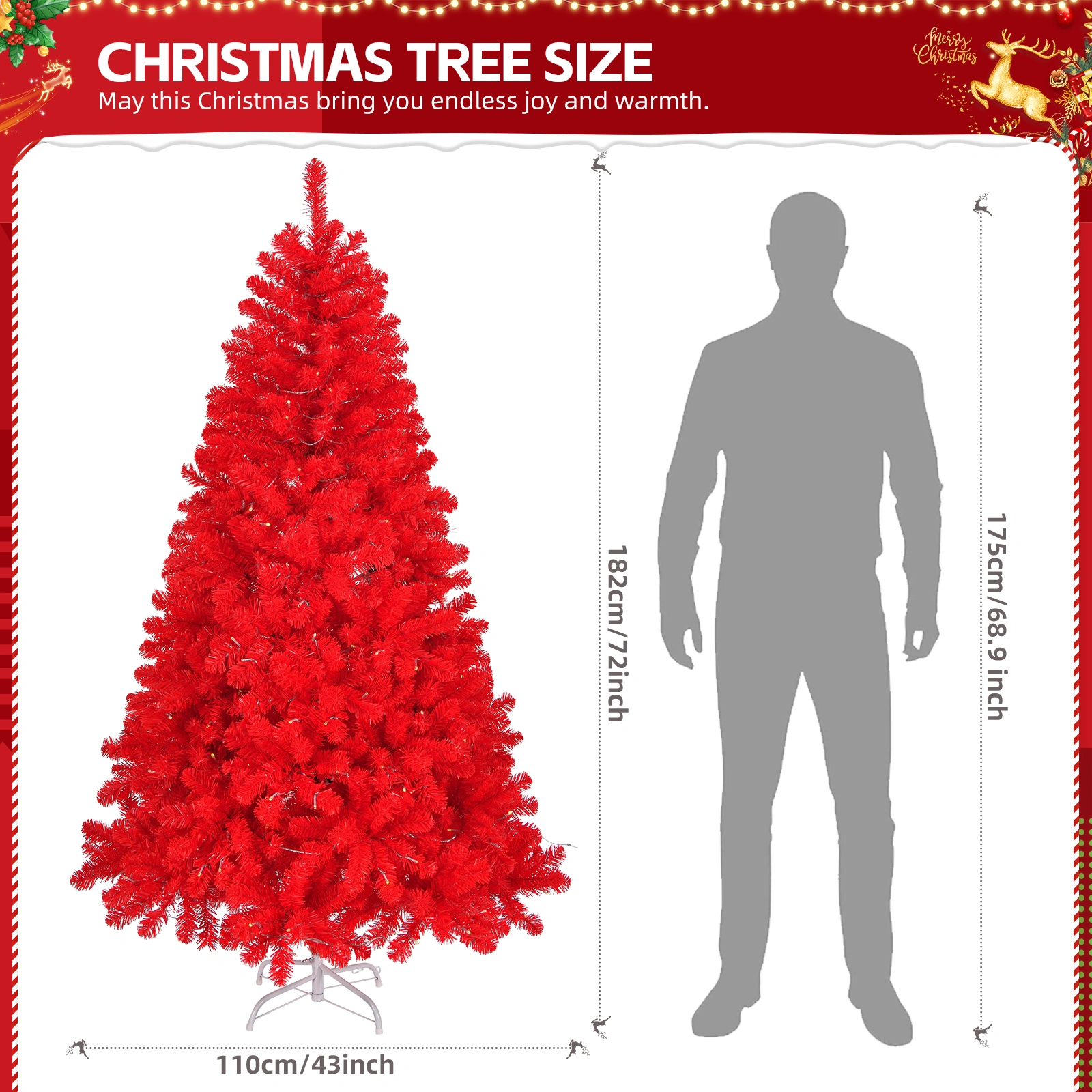 6 FT Artificial Christmas Tree with DIY 100 Warm Lights Battery Operated, 750 Branch Tips and Sturdy Metal Stand, Red view 2