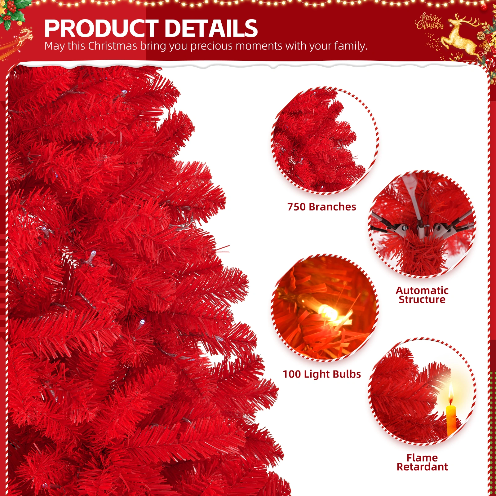 6 FT Artificial Christmas Tree with DIY 100 Warm Lights Battery Operated, 750 Branch Tips and Sturdy Metal Stand, Red view 3