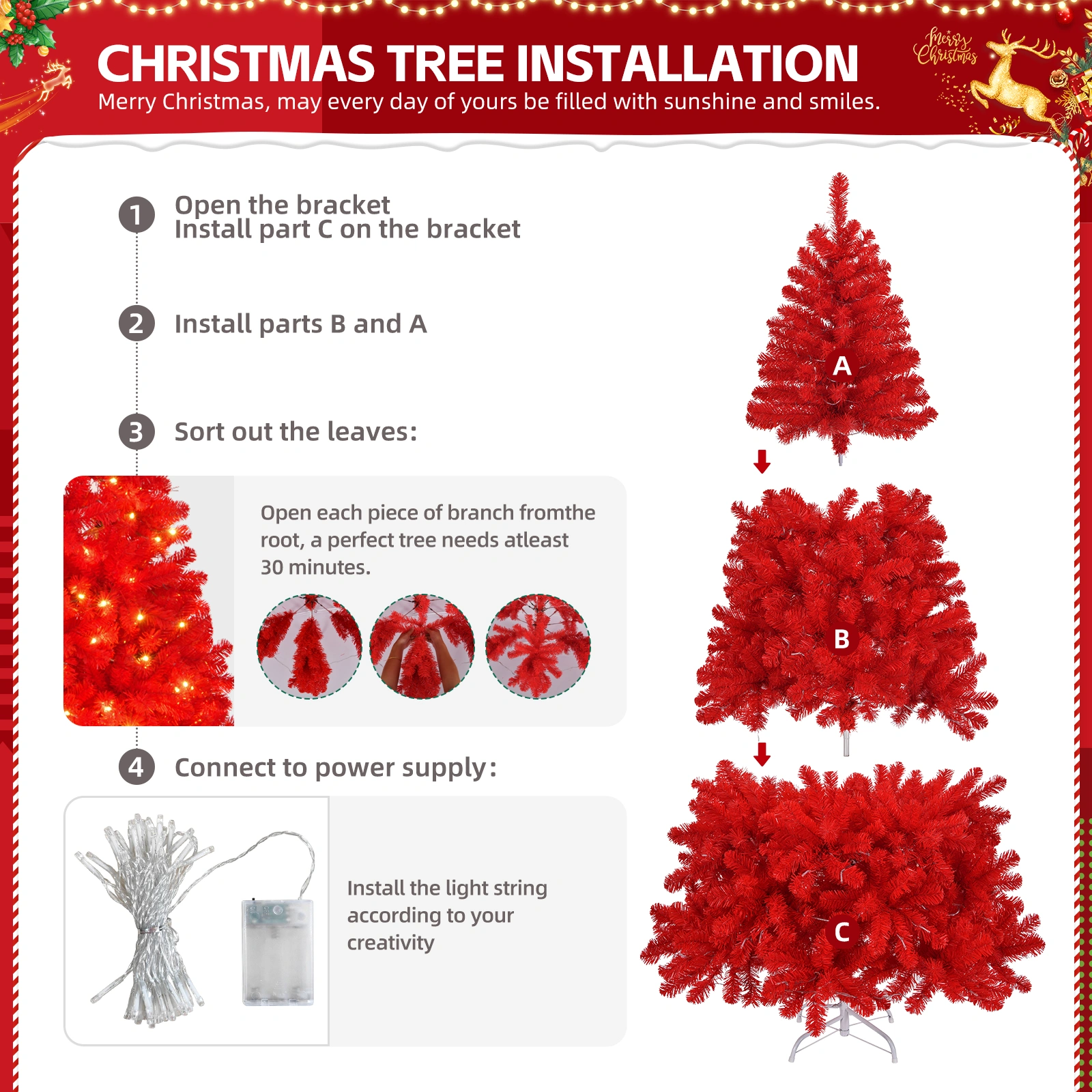 6 FT Artificial Christmas Tree with DIY 100 Warm Lights Battery Operated, 750 Branch Tips and Sturdy Metal Stand, Red view 4