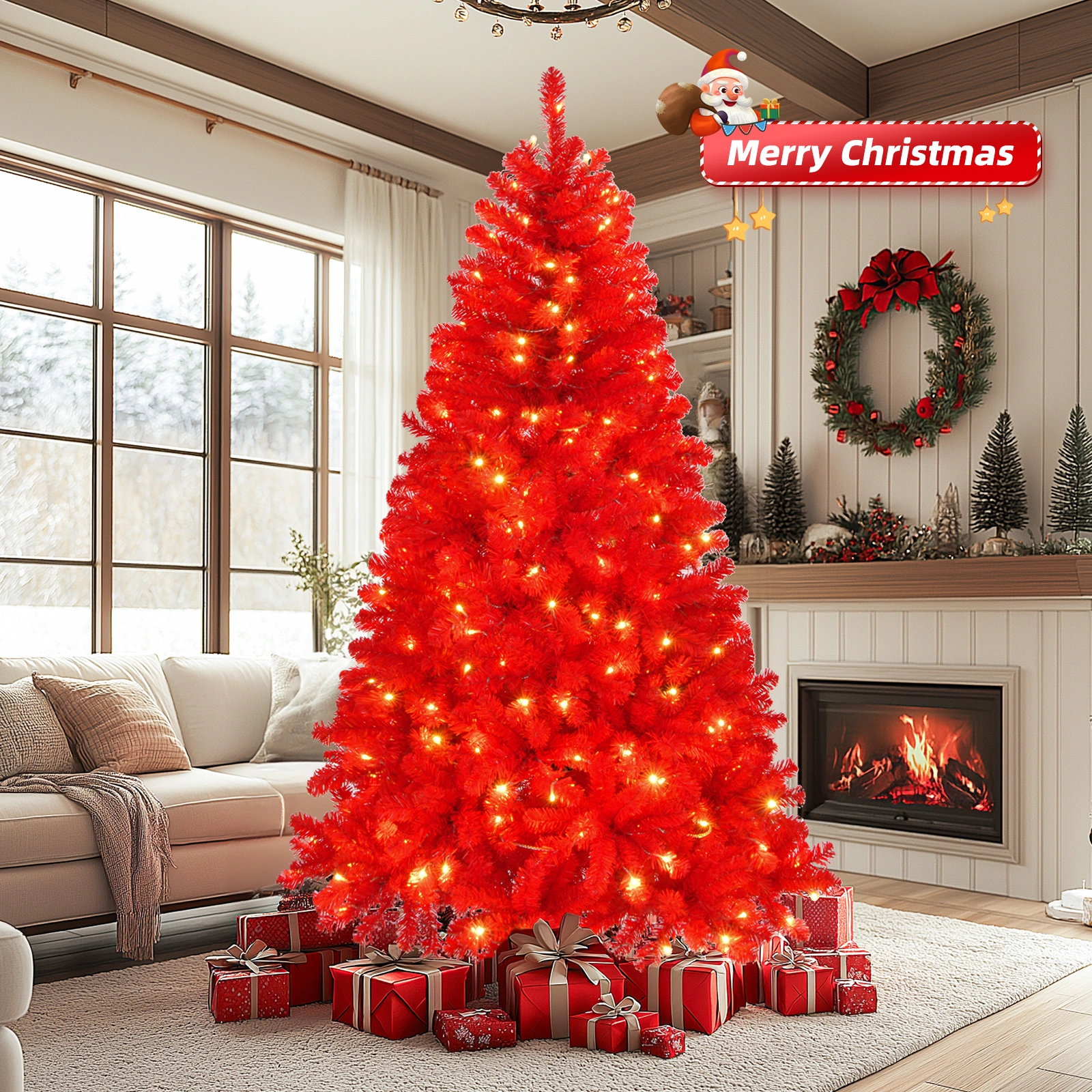6 FT Artificial Christmas Tree with DIY 100 Warm Lights Battery Operated, 750 Branch Tips and Sturdy Metal Stand, Red view 5