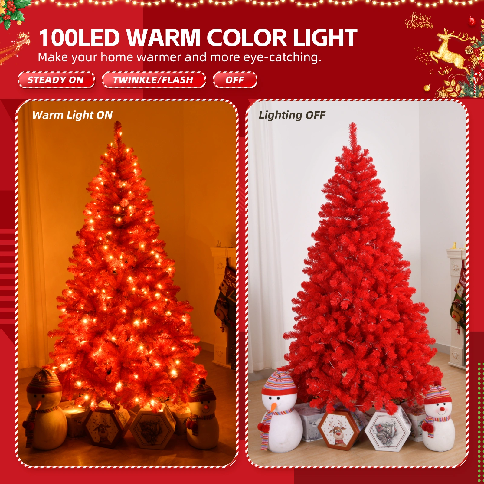 6 FT Artificial Christmas Tree with DIY 100 Warm Lights Battery Operated, 750 Branch Tips and Sturdy Metal Stand, Red view 6