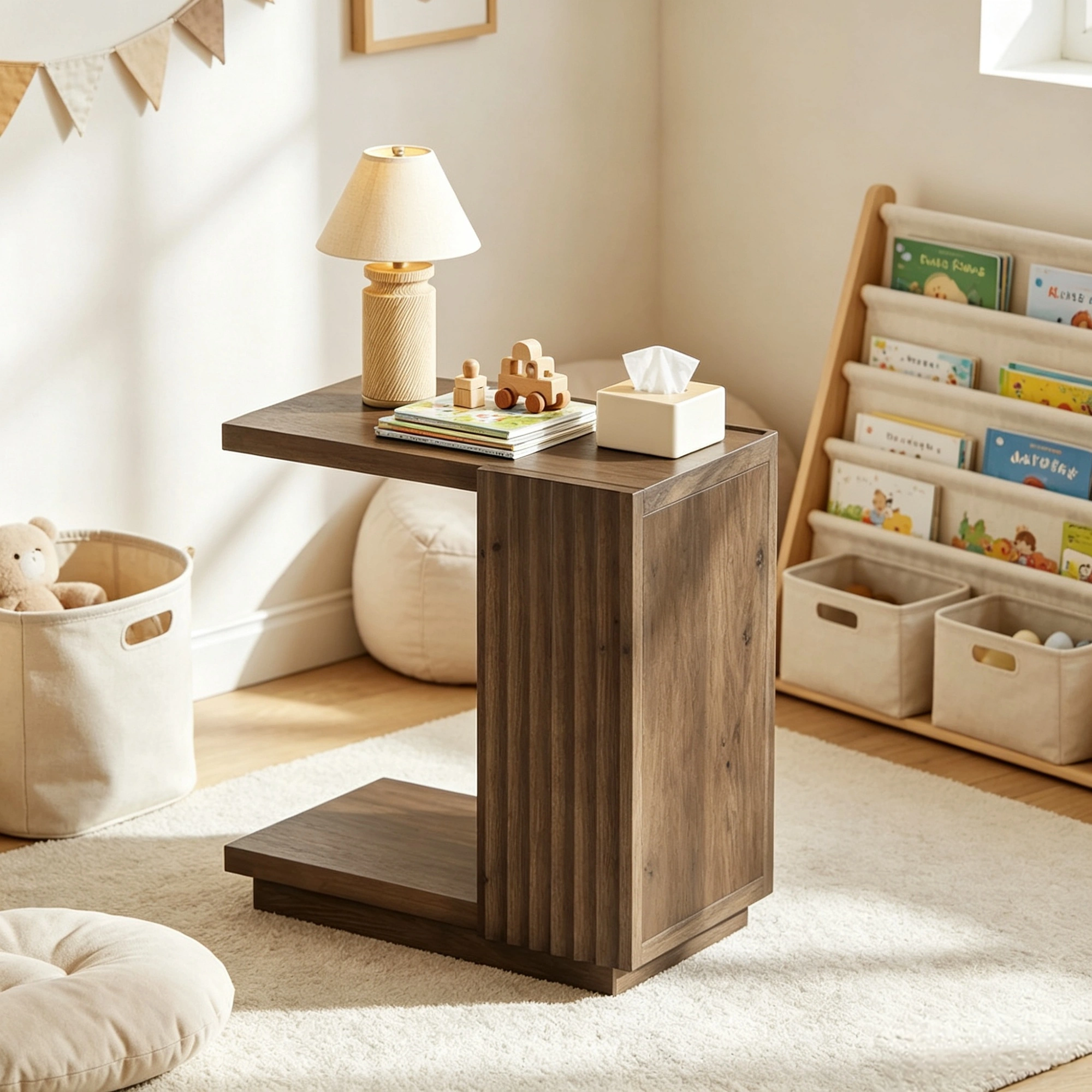 C Shaped Side Table with Fluted Panels, Wooden Accent Table, Modern C-Shape End Table for Living Room Bedroom