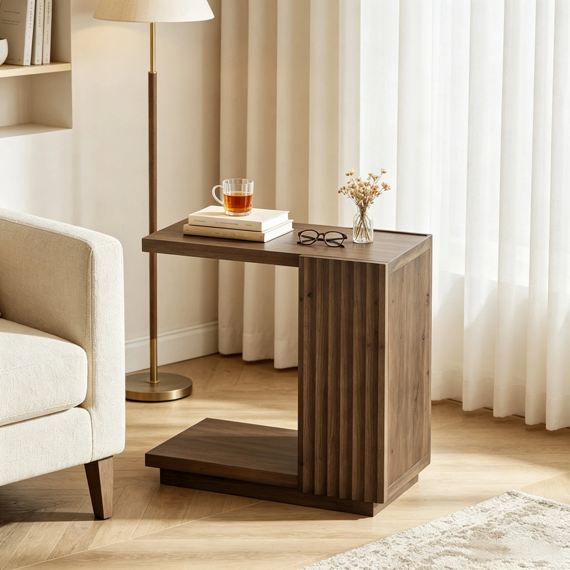 C Shaped Side Table with Fluted Panels, Wooden Accent Table, Modern C-Shape End Table for Living Room Bedroom view 4