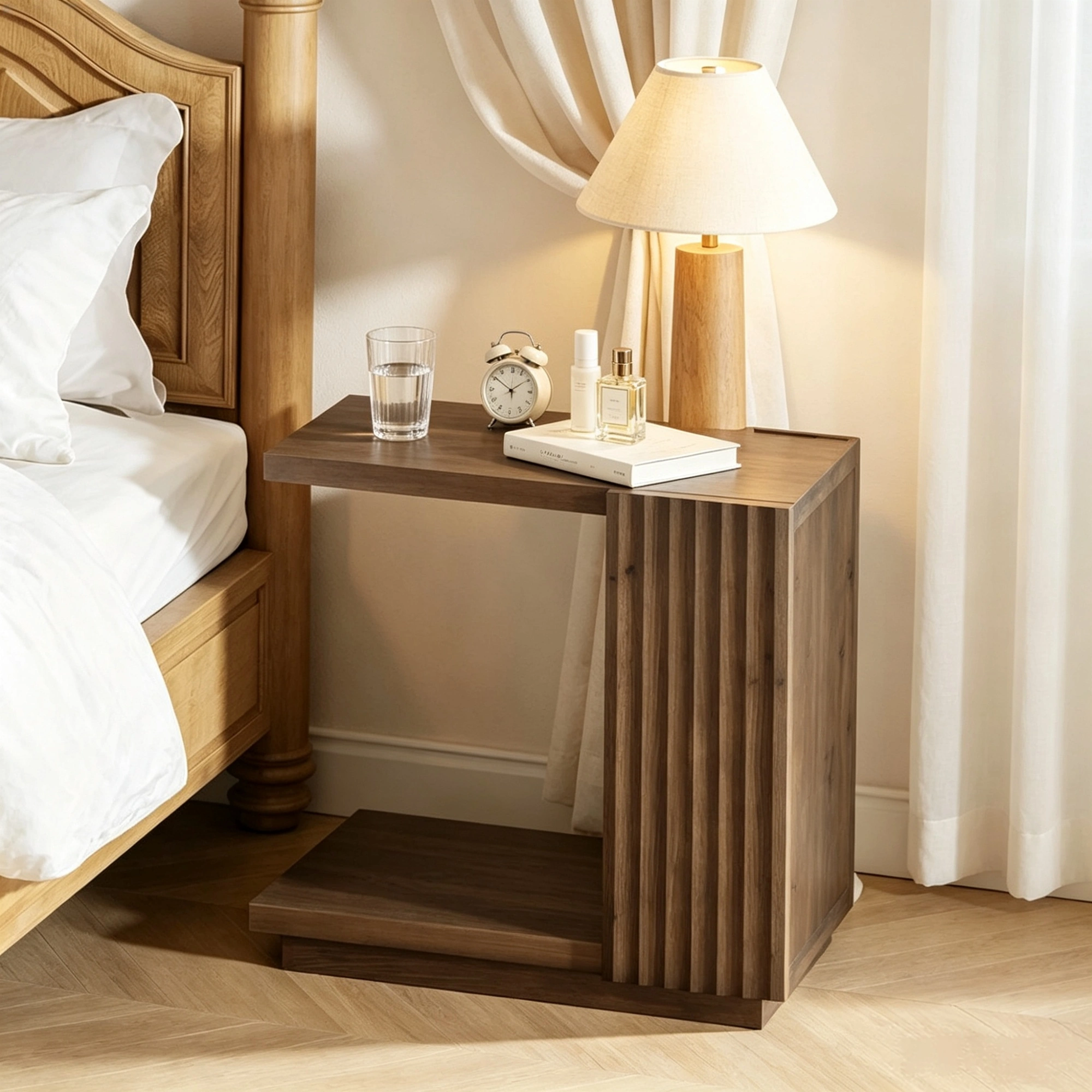 C Shaped Side Table with Fluted Panels, Wooden Accent Table, Modern C-Shape End Table for Living Room Bedroom view 5