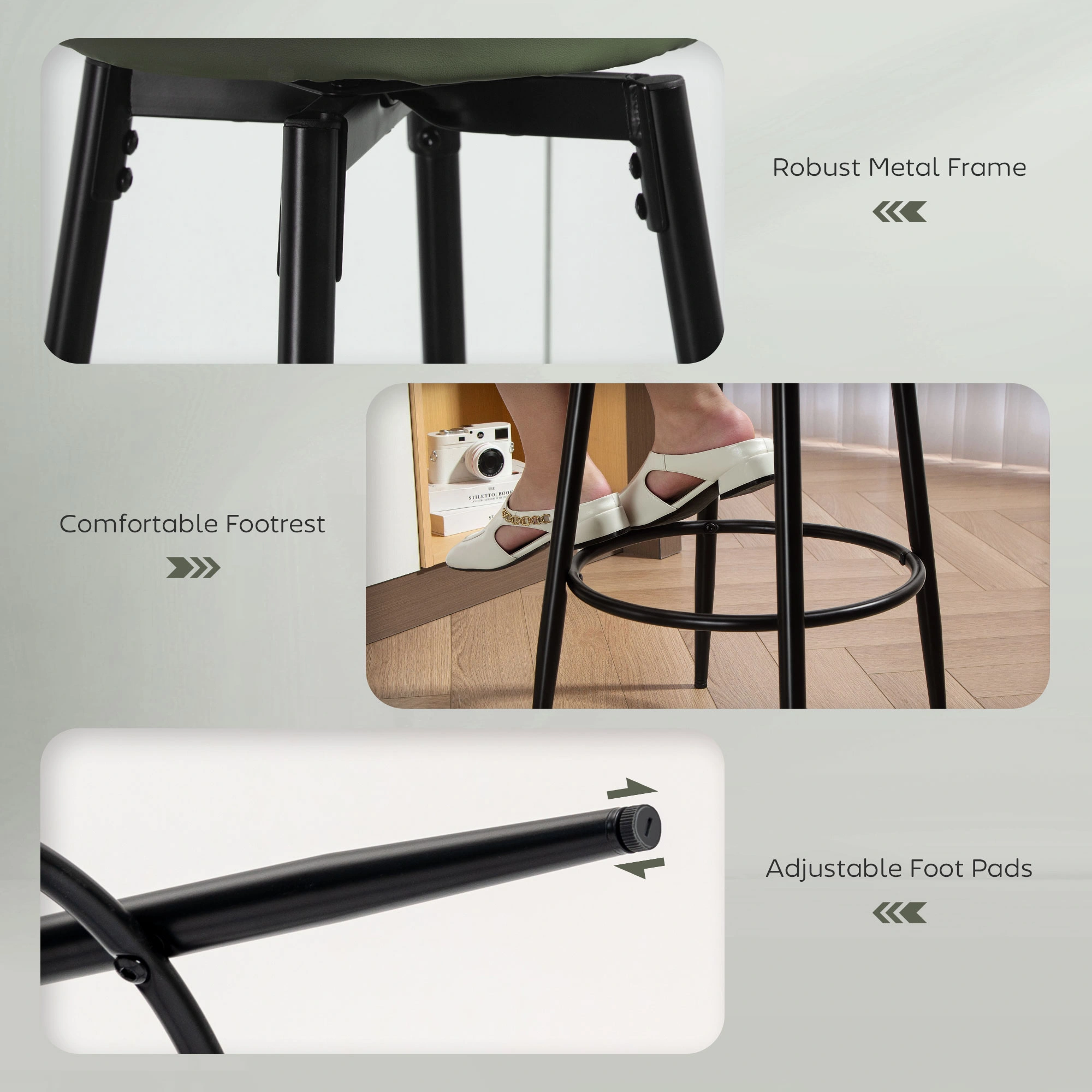 Adjustable Height Bar Stool, Swivel Counter Stool with Padded Seat, Retro Metal Footrest for Kitchen Island, Dining Room view 3
