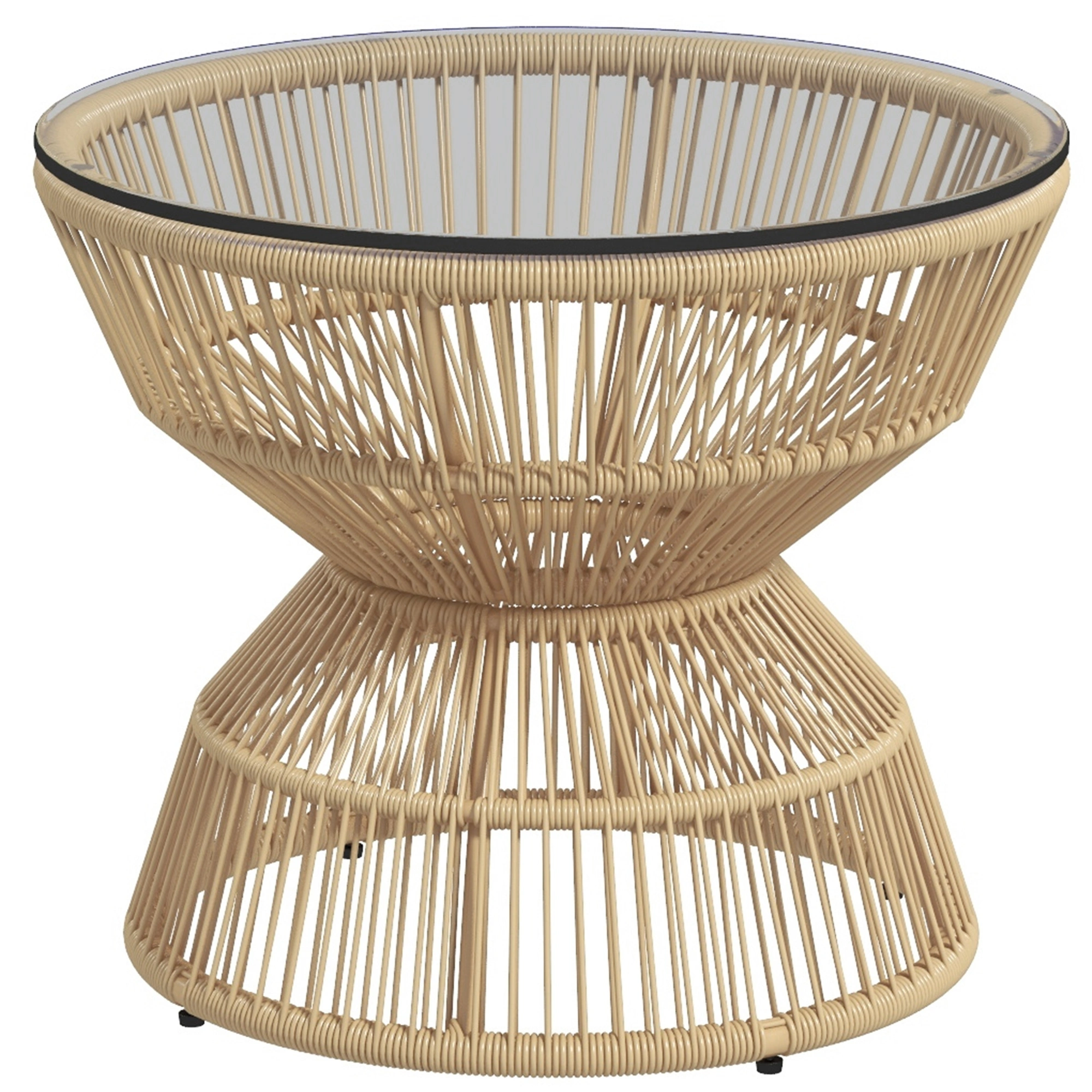 Rattan Coffee Table with Glass Top, Modern Wicker Side Table, Round End Table for Sofa Living Room Bedroom