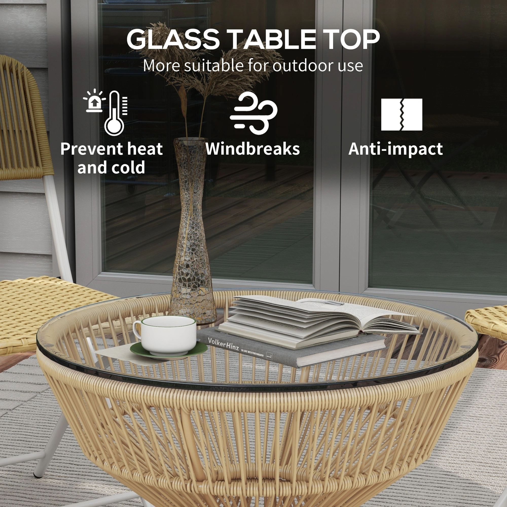 Rattan Coffee Table with Glass Top, Modern Wicker Side Table, Round End Table for Sofa Living Room Bedroom view 2