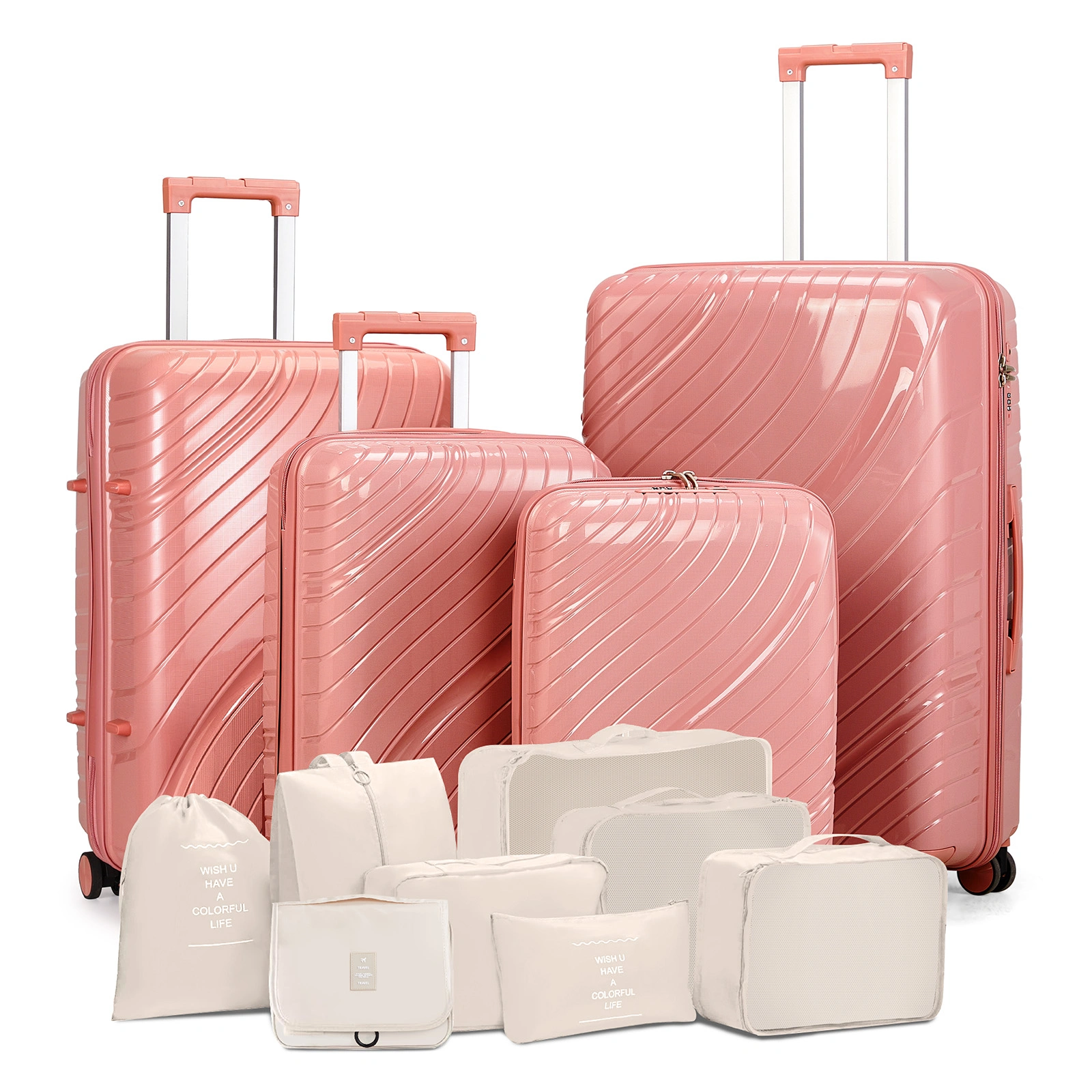 4 Piece Rose Gold PP Luggage Set 18 20 24 28 Inch Hardshell Suitcase with Beige Travel Tote 3L Wash Bag 8 Piece Toiletry Kit & 2 Piece Handbag