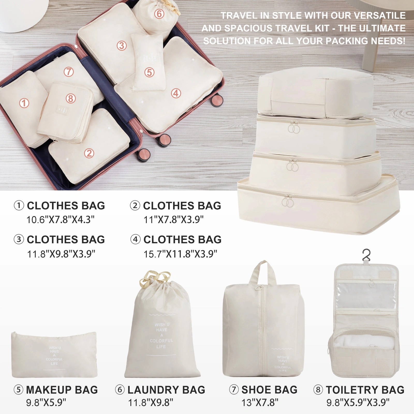 4 Piece Rose Gold PP Luggage Set 18 20 24 28 Inch Hardshell Suitcase with Beige Travel Tote 3L Wash Bag 8 Piece Toiletry Kit & 2 Piece Handbag view 3
