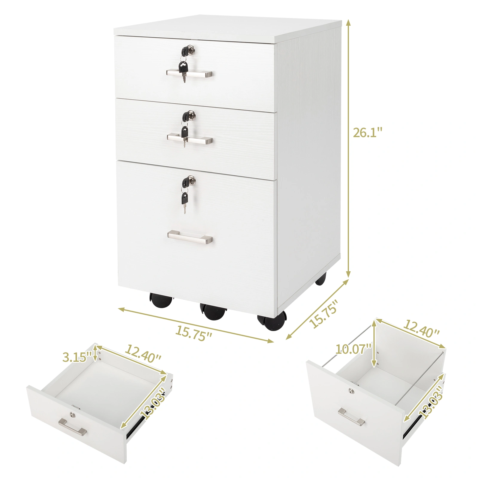 White Wood Grain Density Board Three Drawers Wooden Filing Cabinet view 10