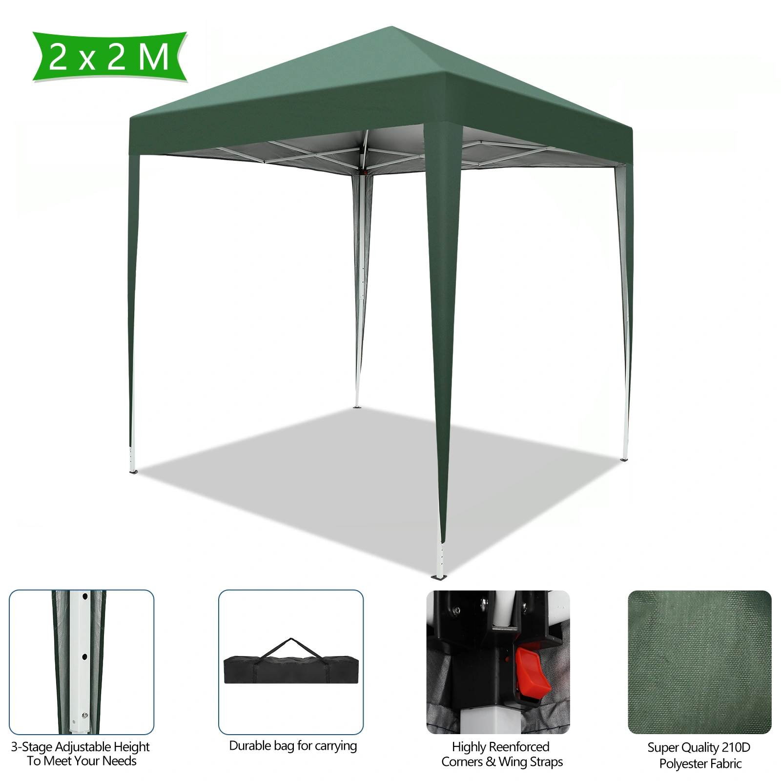 2x2m Green Waterproof Folding Tent, Right-Angle Portable Shelter Canopy for Outdoor Camping & Garden