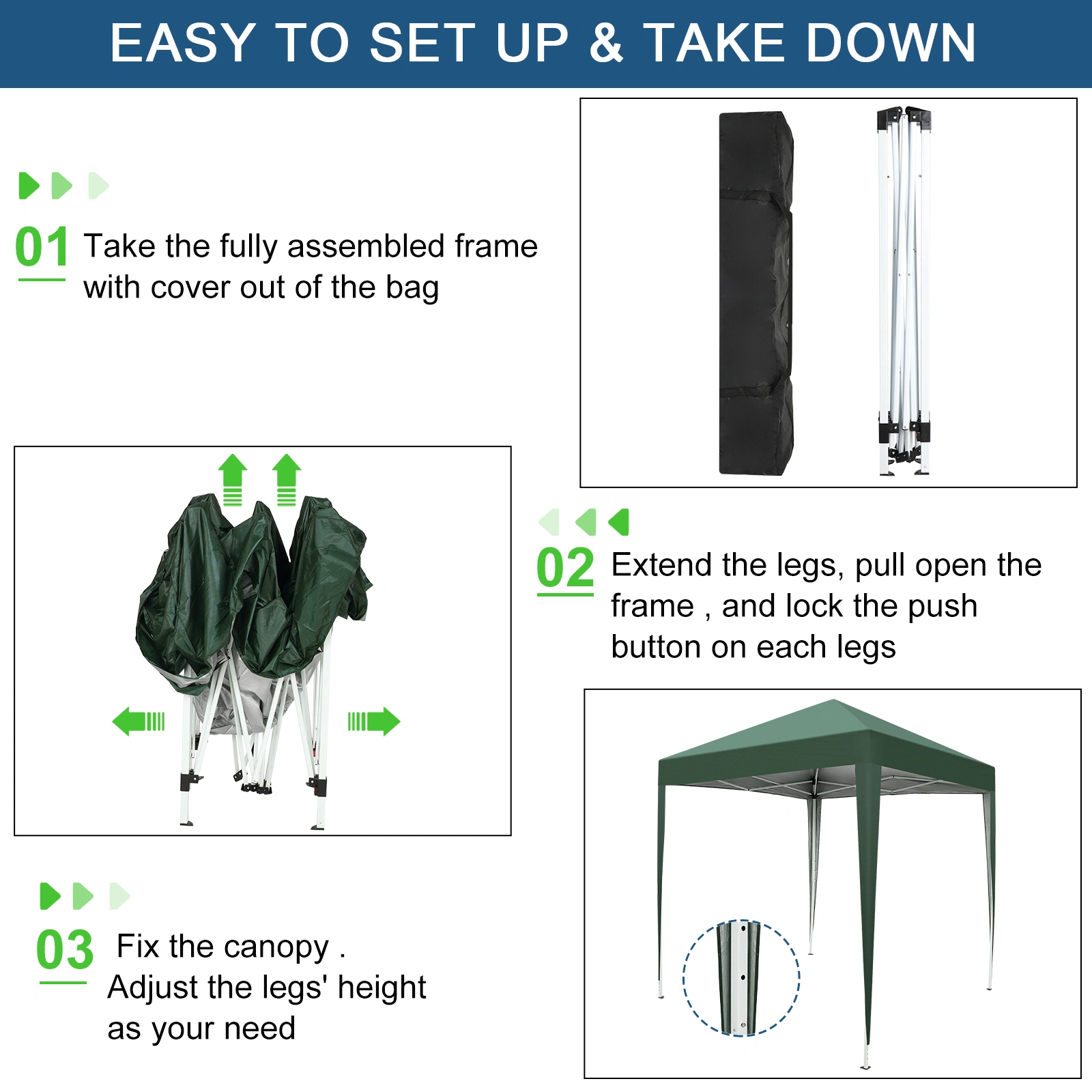 2x2m Green Waterproof Folding Tent, Right-Angle Portable Shelter Canopy for Outdoor Camping & Garden view 24