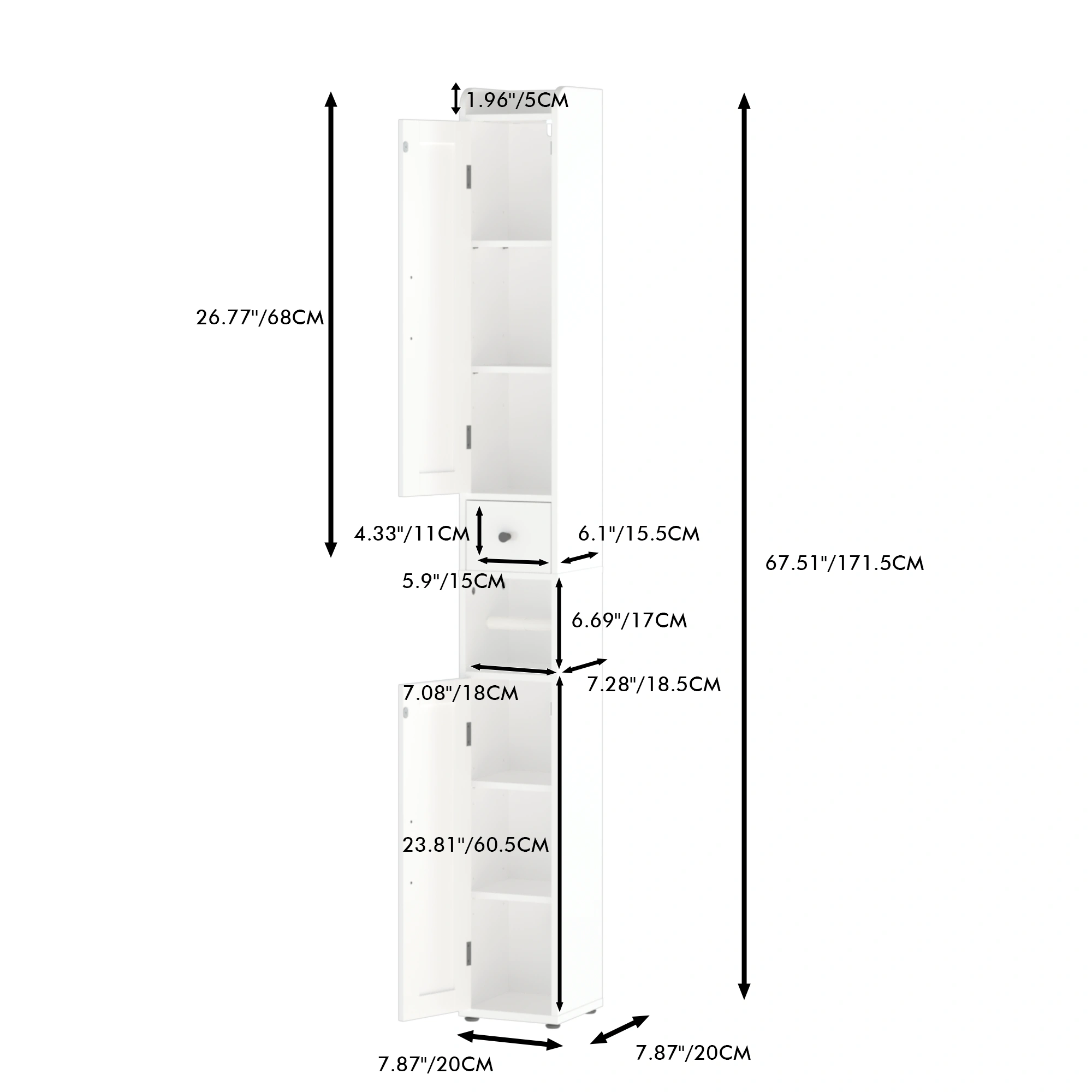 Tall Bathroom Storage Cabinet 67.5", Slim Freestanding 2-Door White Storage Console with Adjustable Shelves, Anti-Tip & Open Compartments for Small Spaces view 11