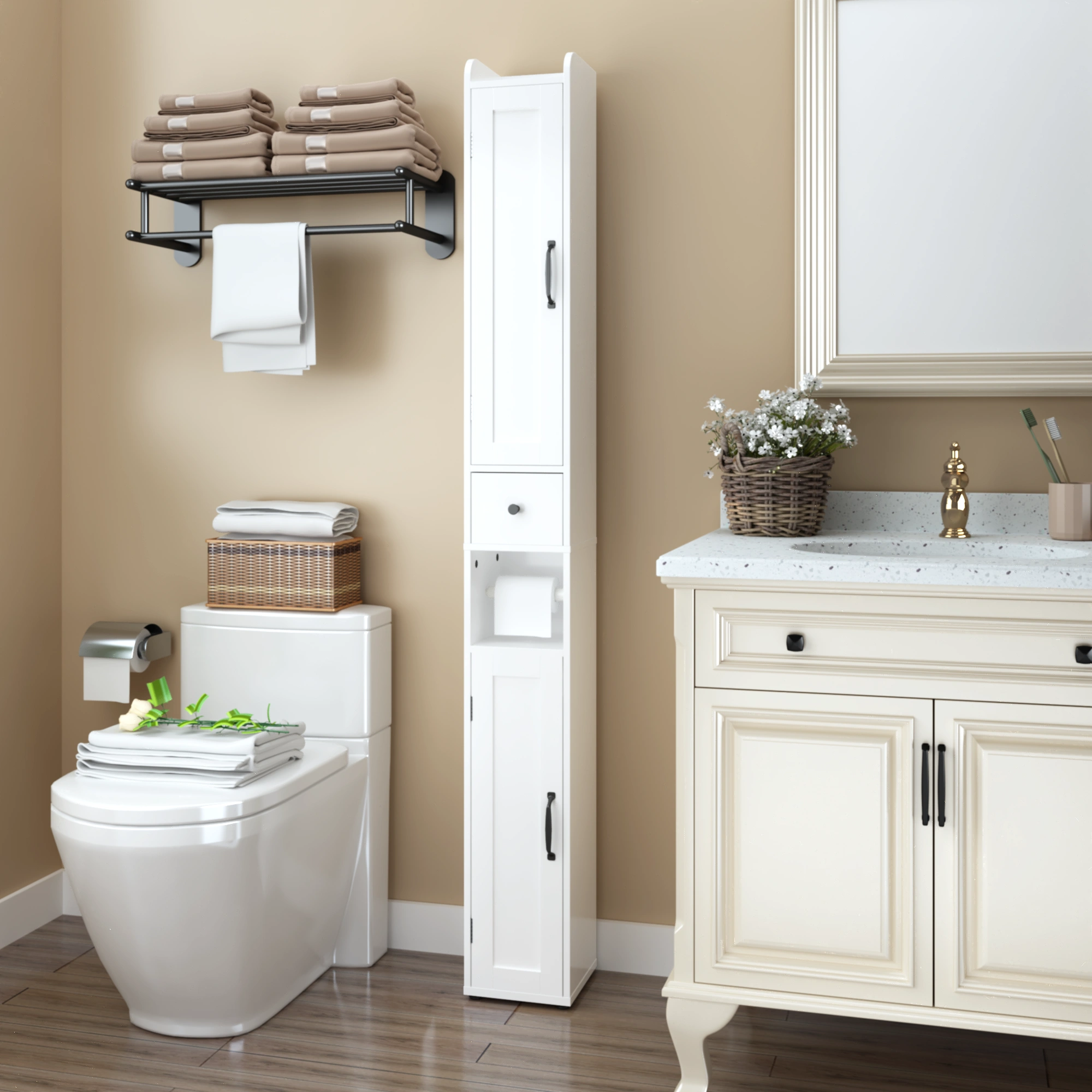 Tall Bathroom Storage Cabinet 67.5", Slim Freestanding 2-Door White Storage Console with Adjustable Shelves, Anti-Tip & Open Compartments for Small Spaces view 14