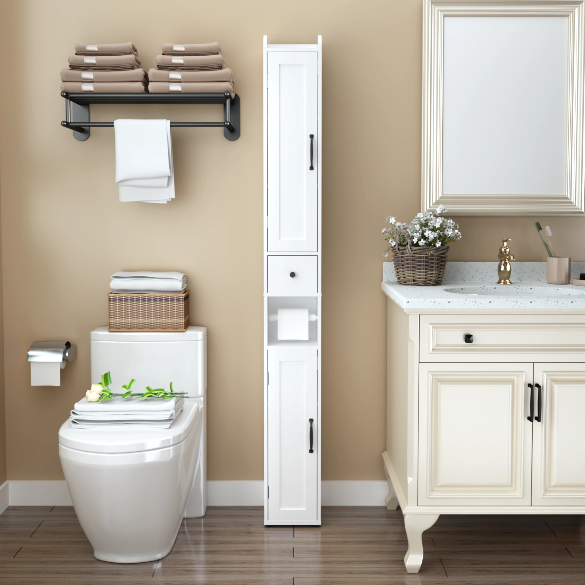 Tall Bathroom Storage Cabinet 67.5", Slim Freestanding 2-Door White Storage Console with Adjustable Shelves, Anti-Tip & Open Compartments for Small Spaces view 15