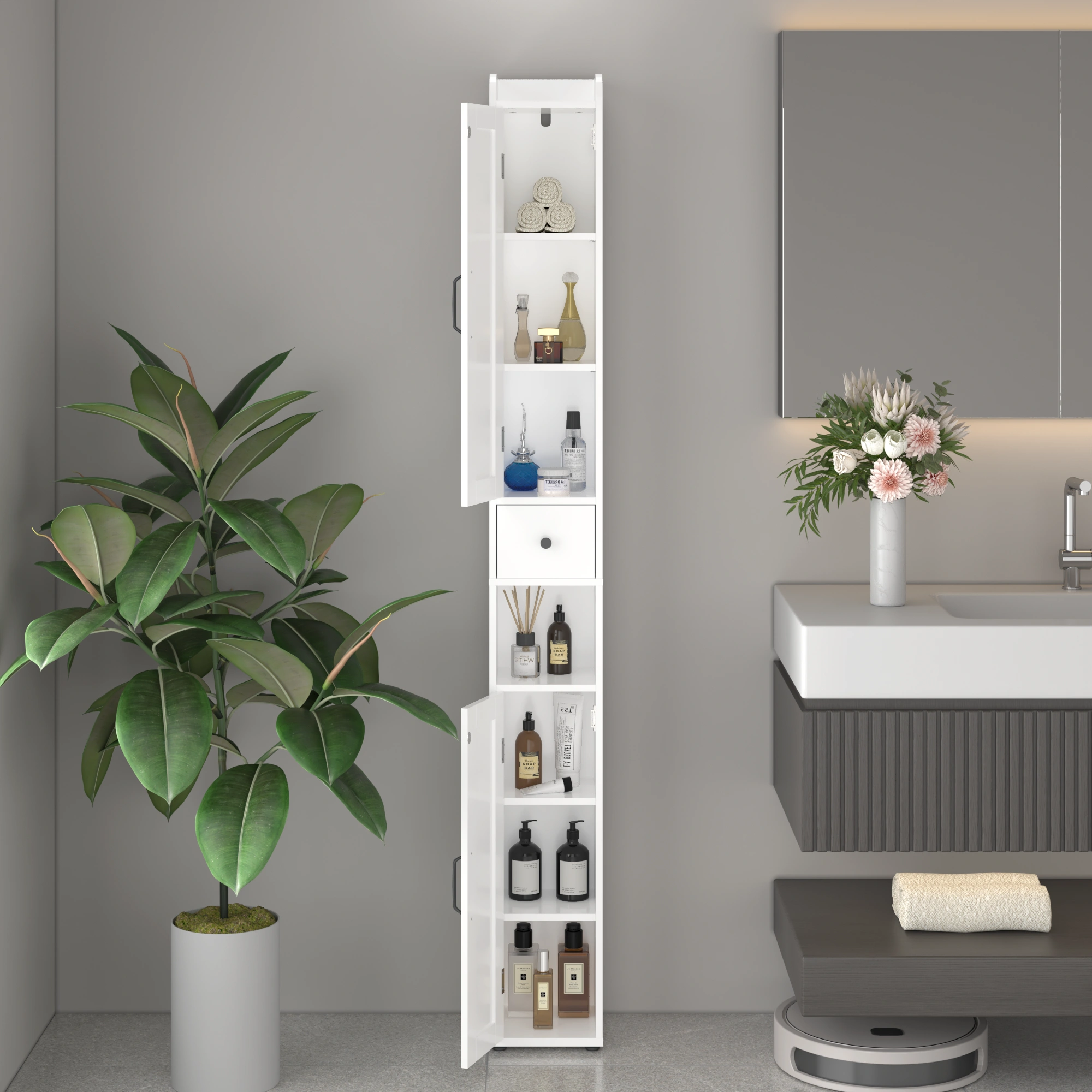 Tall Bathroom Storage Cabinet 67.5", Slim Freestanding 2-Door White Storage Console with Adjustable Shelves, Anti-Tip & Open Compartments for Small Spaces view 17