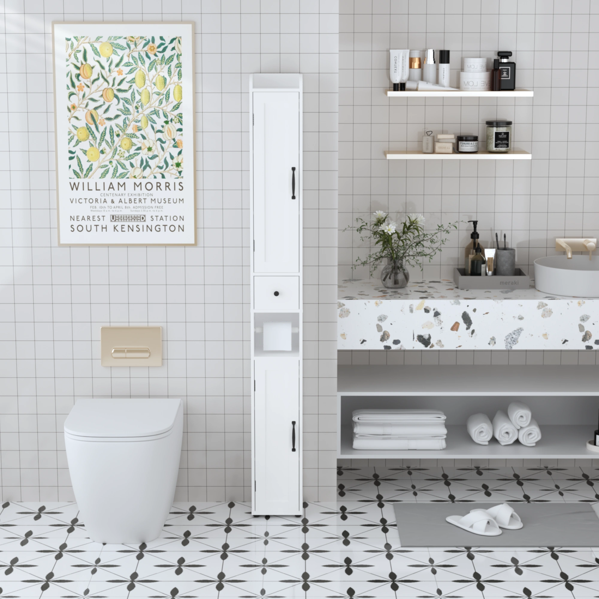 Tall Bathroom Storage Cabinet 67.5", Slim Freestanding 2-Door White Storage Console with Adjustable Shelves, Anti-Tip & Open Compartments for Small Spaces view 2