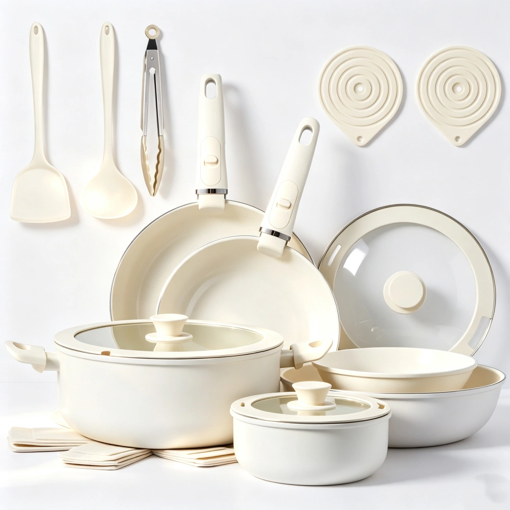 22-piece aluminum cookware set (6 pots, 3 lids, detachable handles)