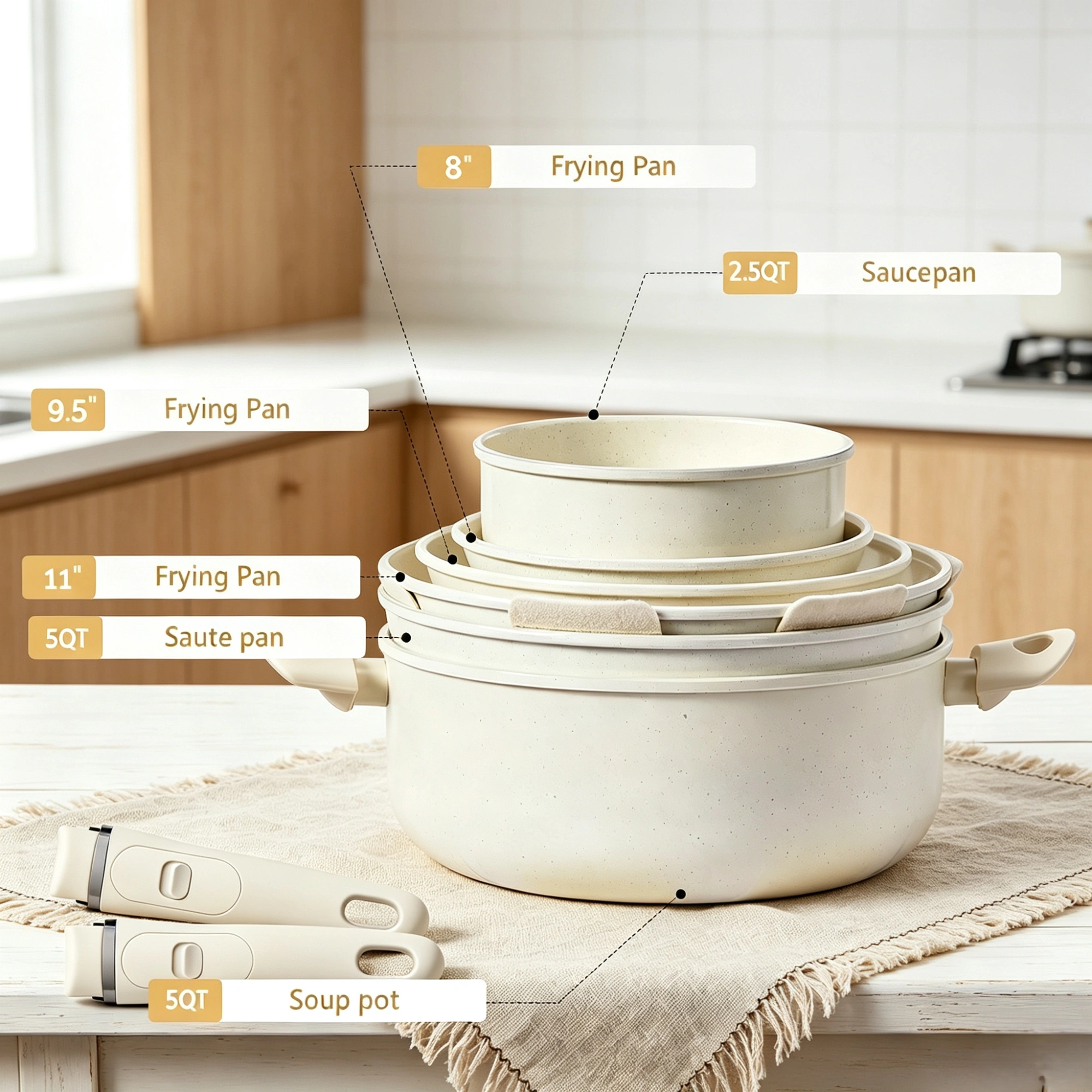 22-piece aluminum cookware set (6 pots, 3 lids, detachable handles) view 4