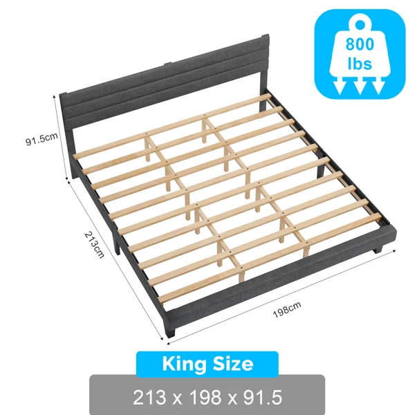 Dark Gray King Size Tufted Platform Bed Frame - Linen-Like Upholstery with Horizontal Stripe Headboard, Soft Padded Design view 3