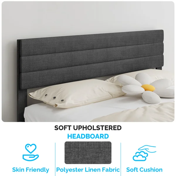 Dark Gray King Size Tufted Platform Bed Frame - Linen-Like Upholstery with Horizontal Stripe Headboard, Soft Padded Design view 4