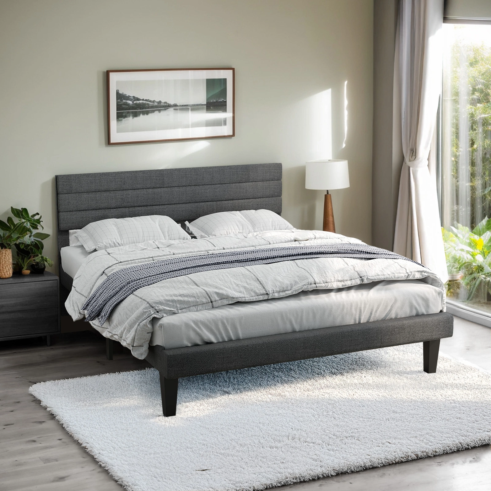 Dark Gray King Size Tufted Platform Bed Frame - Linen-Like Upholstery with Horizontal Stripe Headboard, Soft Padded Design