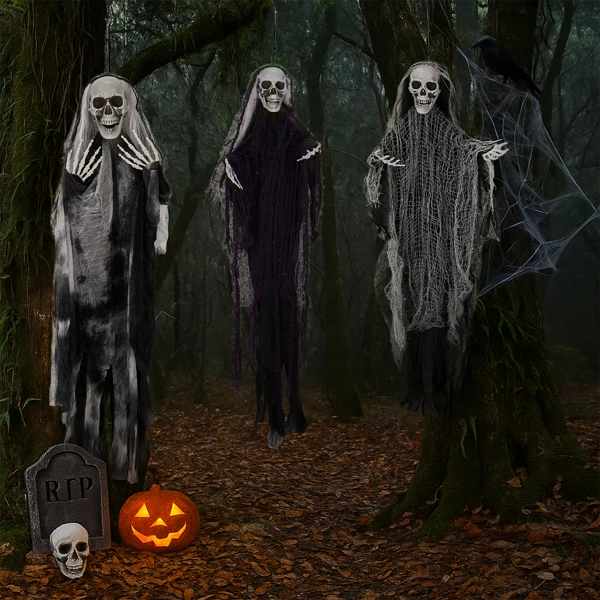 3 Pack Hanging Halloween Skeleton Ghosts Decorations, Grim Reapers for Best Halloween Outdoor Decorations view 2
